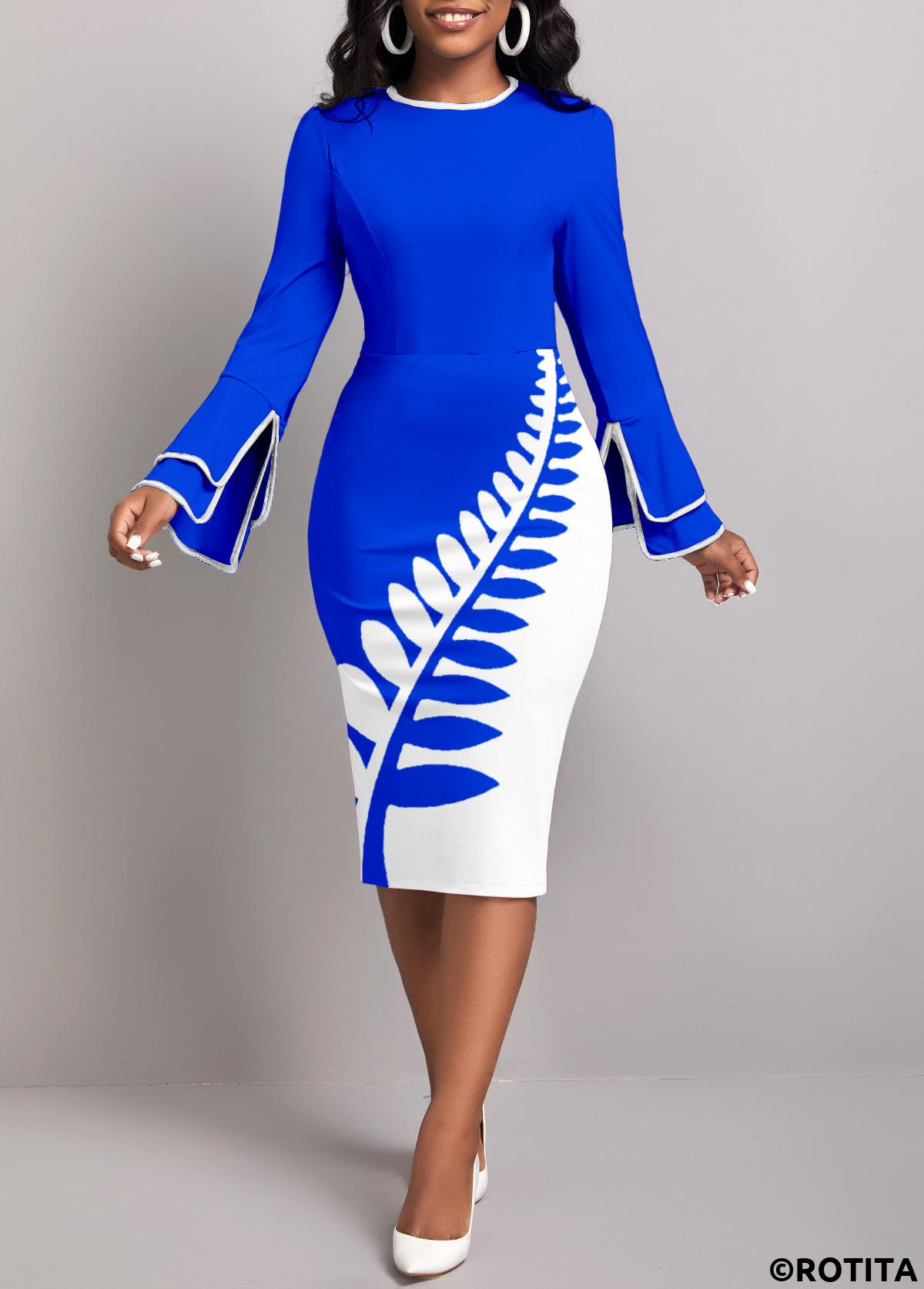Royal Blue dresses,White dresses,Plants dresses,Party dresses,Elegant dresses,ROTITA Patchwork Leaf Print Royal Blue Bodycon Dress