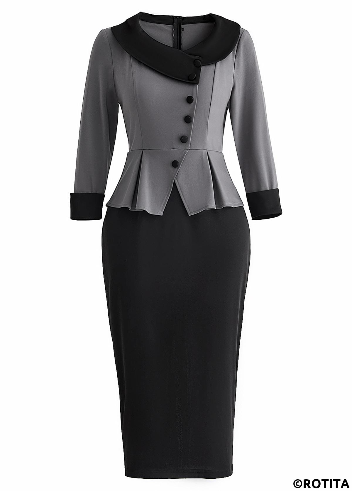 Rotita atmungsaktives schwarzes Langarmkleid mit V-Ausschnitt