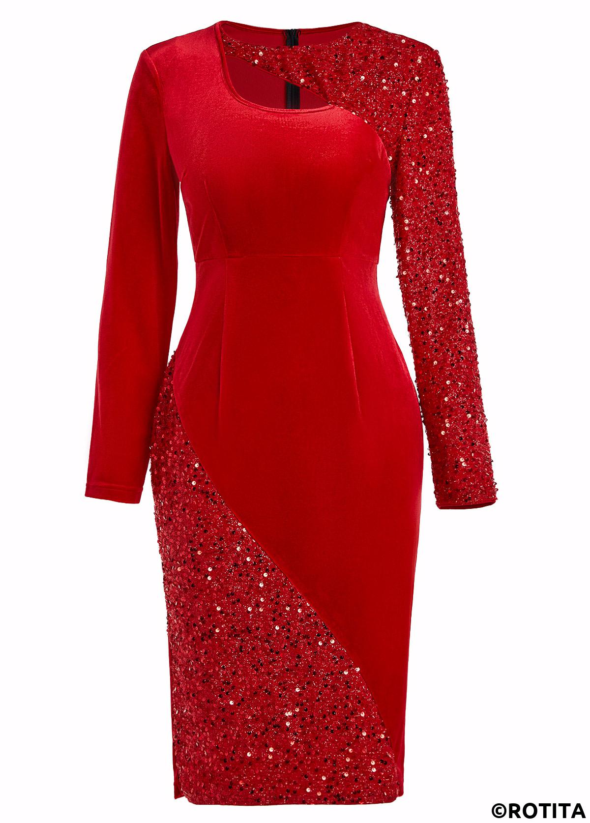 Red dresses,Plain Color dresses,Party dresses,Elegant dresses,ROTITA Sequin Red Round Neck Long Sleeve Bodycon Dress