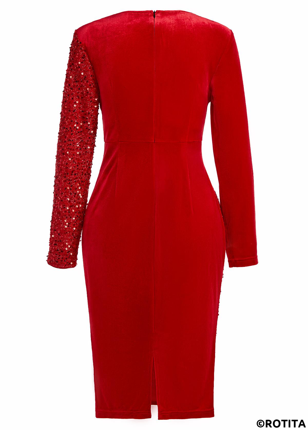 Red dresses,Plain Color dresses,Party dresses,Elegant dresses,ROTITA Sequin Red Round Neck Long Sleeve Bodycon Dress