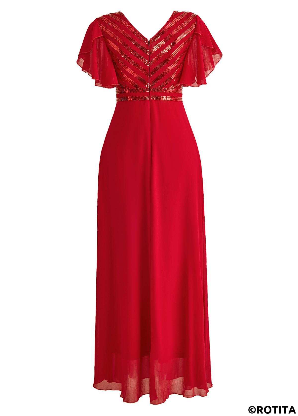 Red dresses,Plain Color dresses,Party dresses,Elegant dresses,ROTITA Sequin Red V Neck Short Sleeve Dress