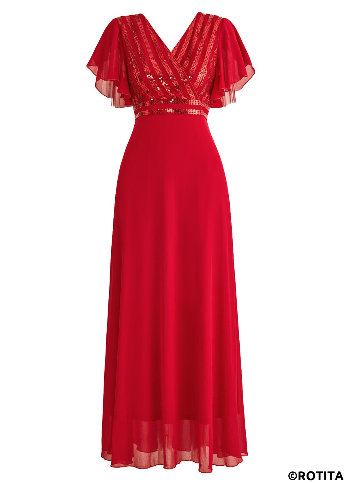 Red dresses,Plain Color dresses,Party dresses,Elegant dresses,ROTITA Sequin Red V Neck Short Sleeve Dress