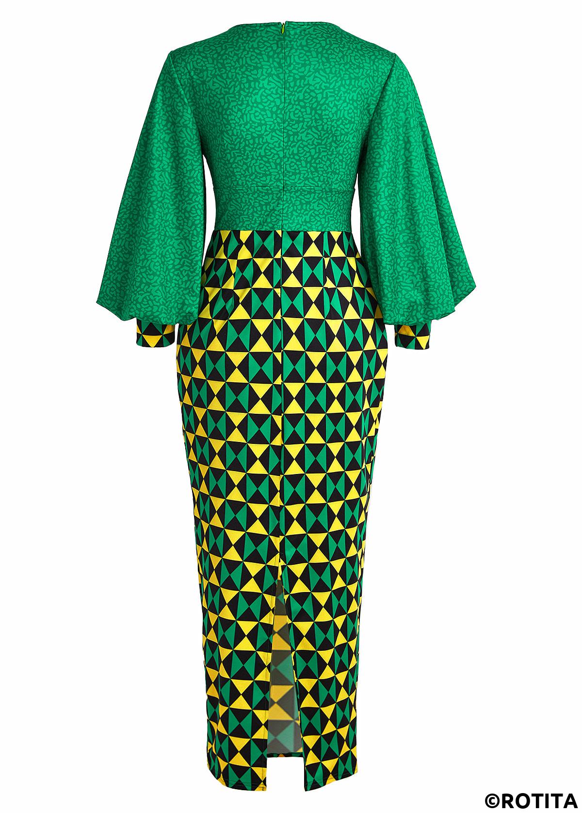 Green dresses,Light Yellow dresses,Geometric dresses,Party dresses,Elegant dresses,ROTITA Patchwork Geometric Print Green Maxi Bodycon Dress