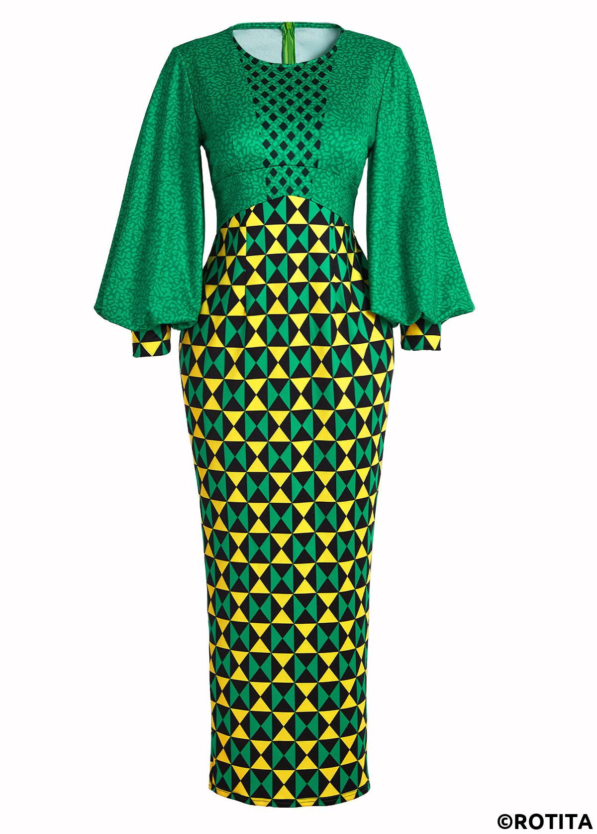 Green dresses,Light Yellow dresses,Geometric dresses,Party dresses,Elegant dresses,ROTITA Patchwork Geometric Print Green Maxi Bodycon Dress