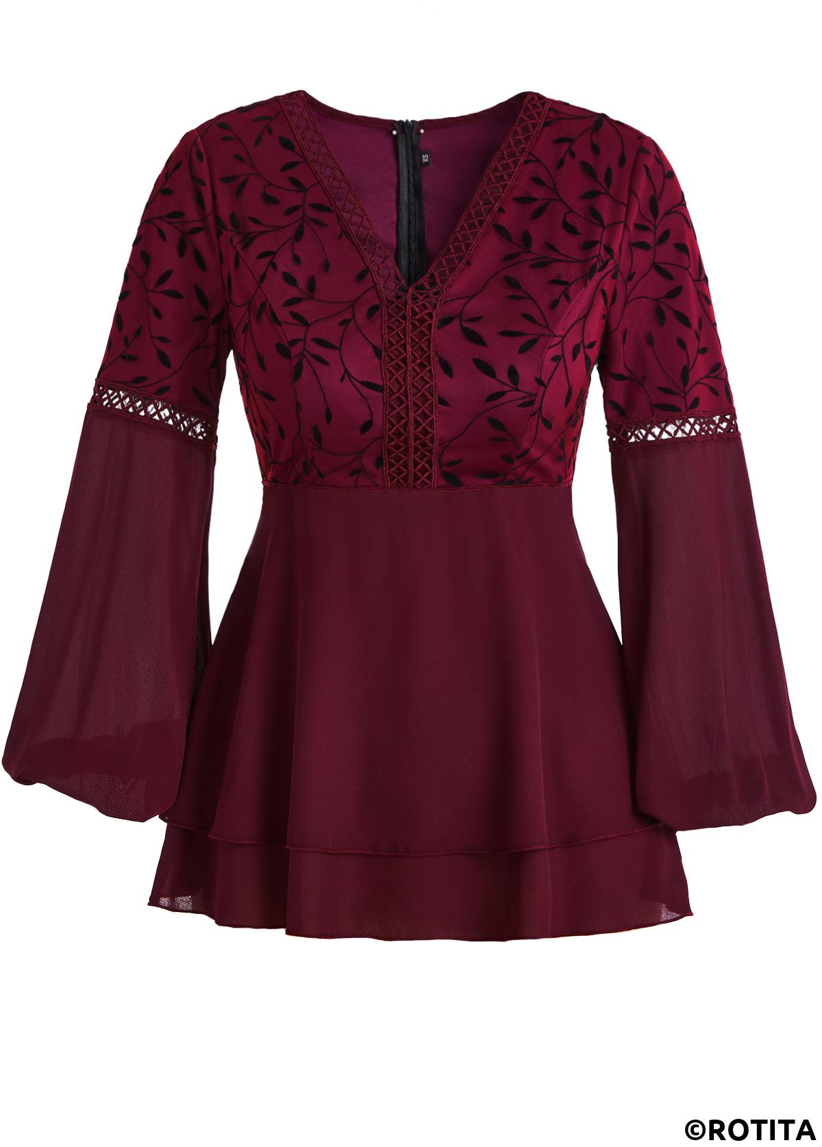 Wine Red tops,Plants tops,ROTITA Patchwork Leaf Print Wine Red V Neck Blouse