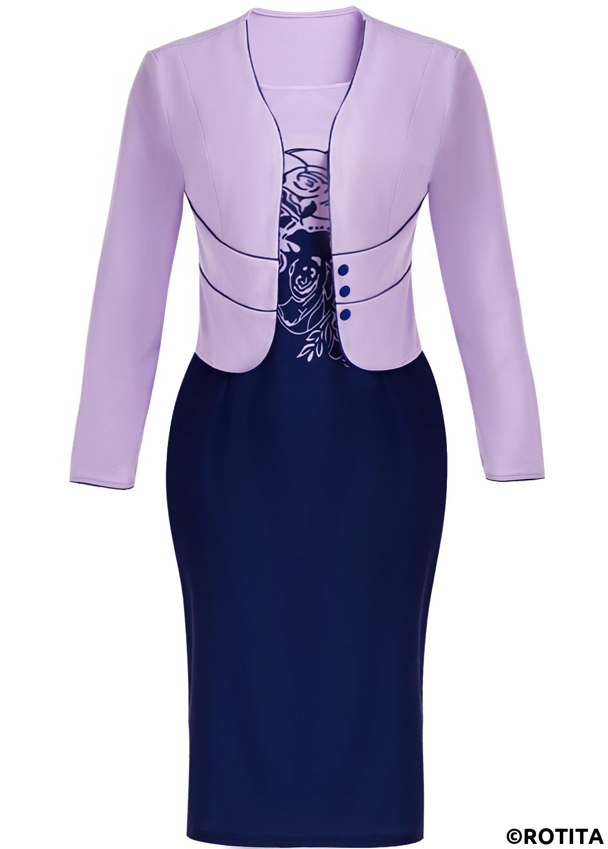 Navy dresses,Light Purple dresses,Floral dresses,Plants dresses,Everyday dresses,Casual dresses,ROTITA Two Piece Floral Print Navy Dress and Cardigan