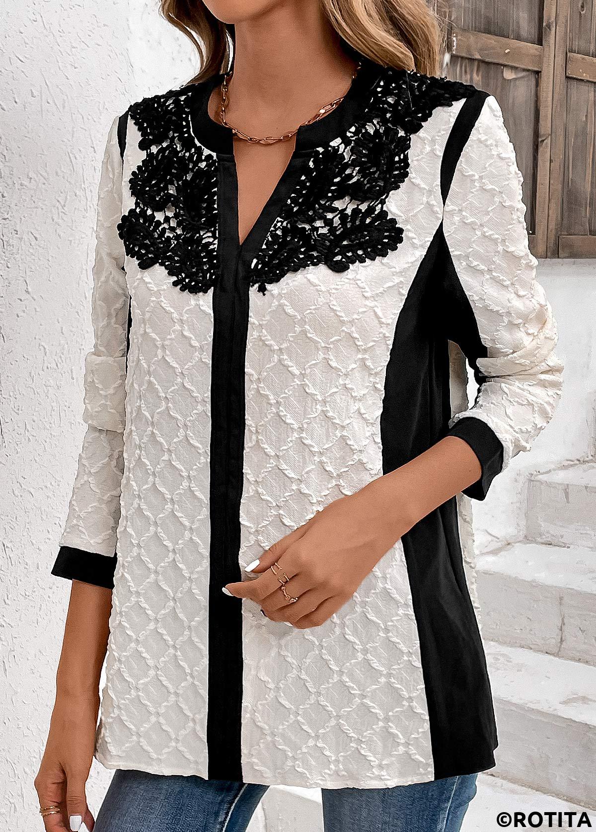 White tops,Black tops,Contrast Color tops,ROTITA Lace White Split Neck Long Sleeve Blouse
