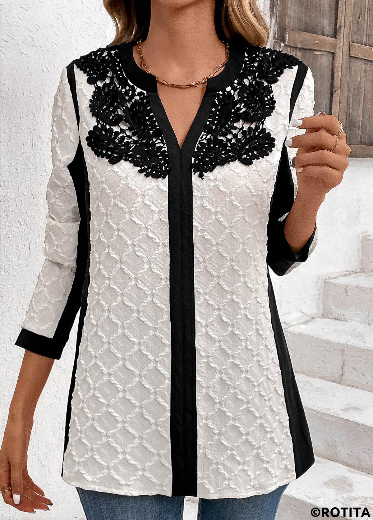White tops,Black tops,Contrast Color tops,ROTITA Lace White Split Neck Long Sleeve Blouse