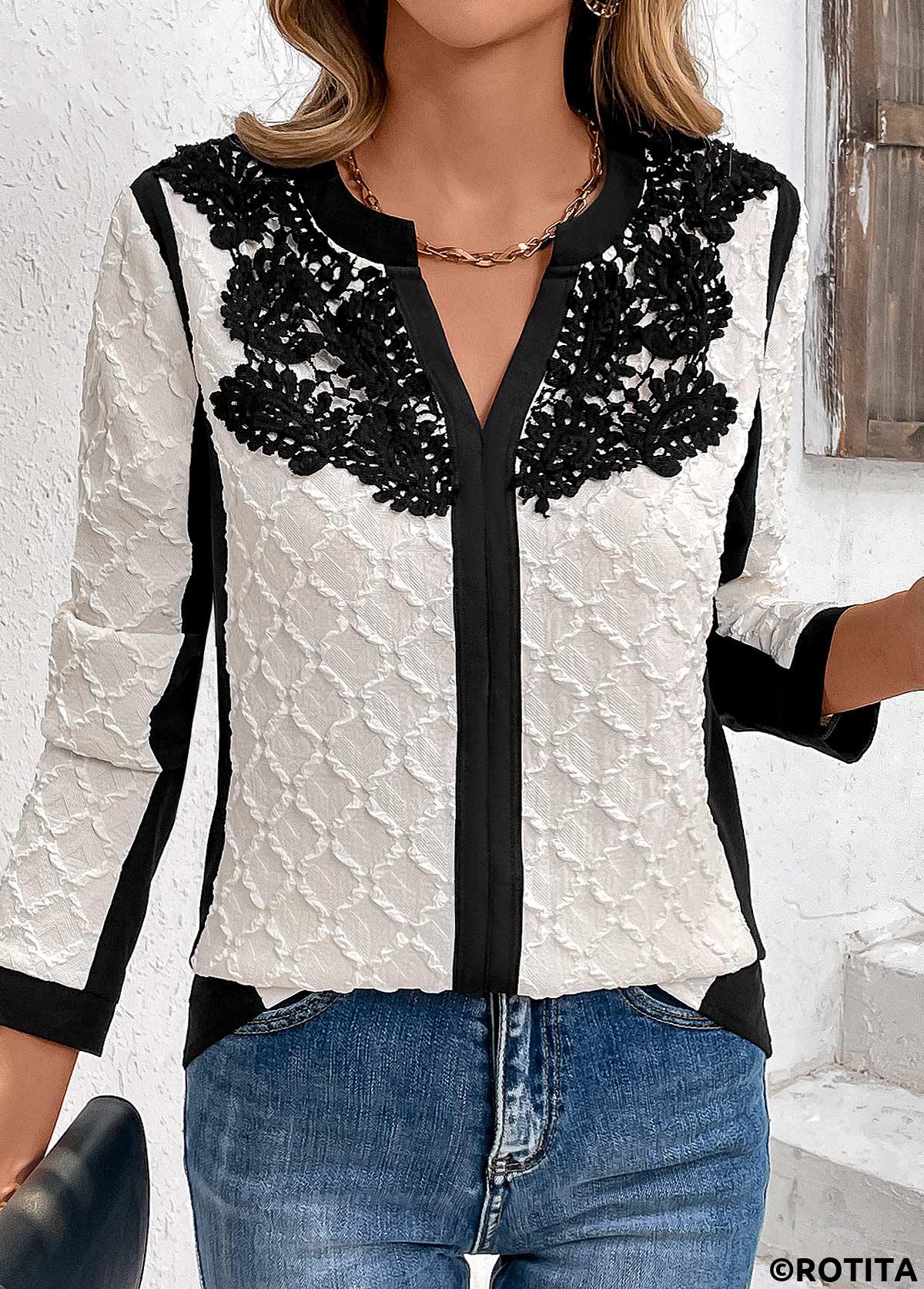 White tops,Black tops,Contrast Color tops,ROTITA Lace White Split Neck Long Sleeve Blouse