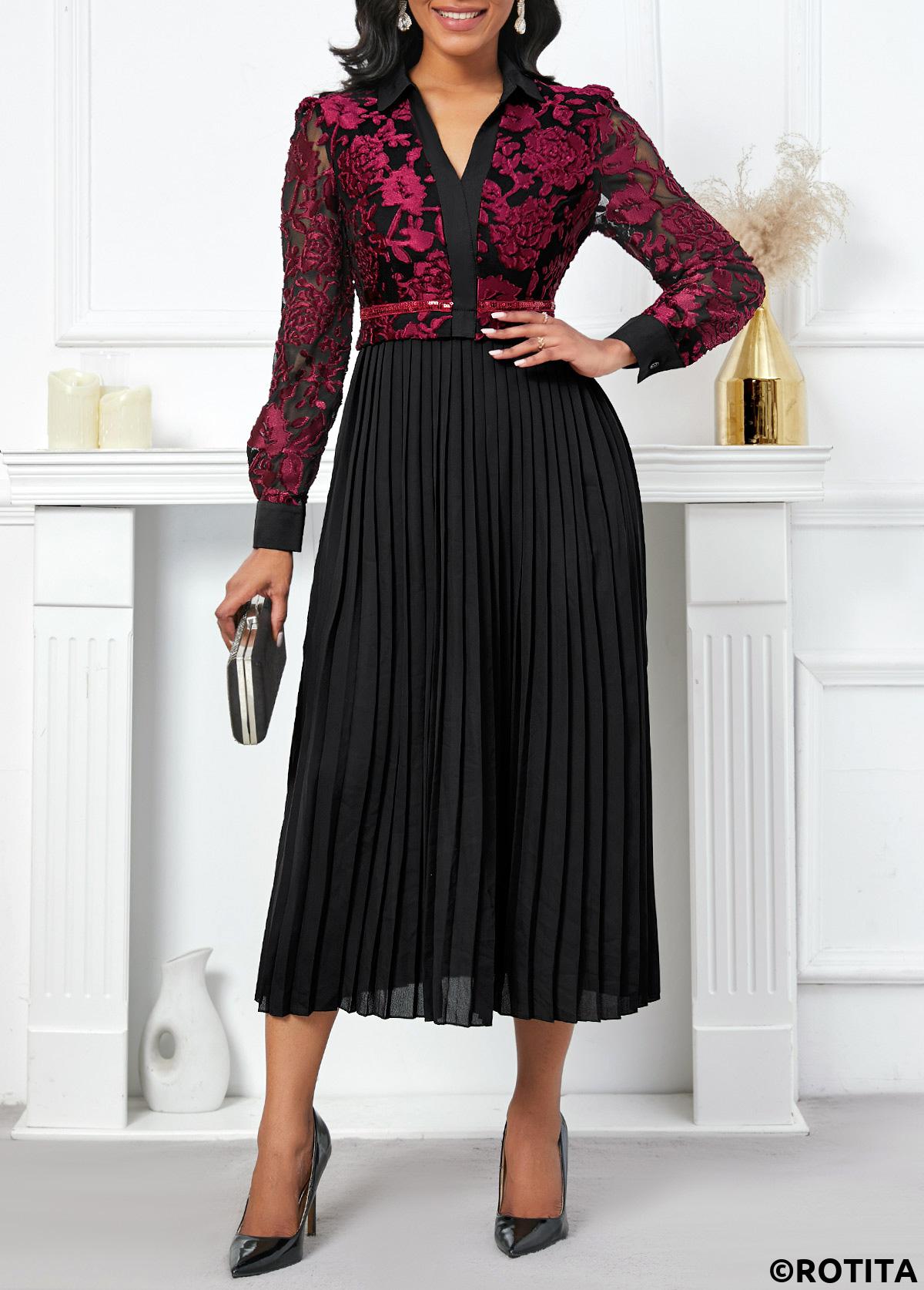 robe noire plissée à manches longues et col en V Rotita