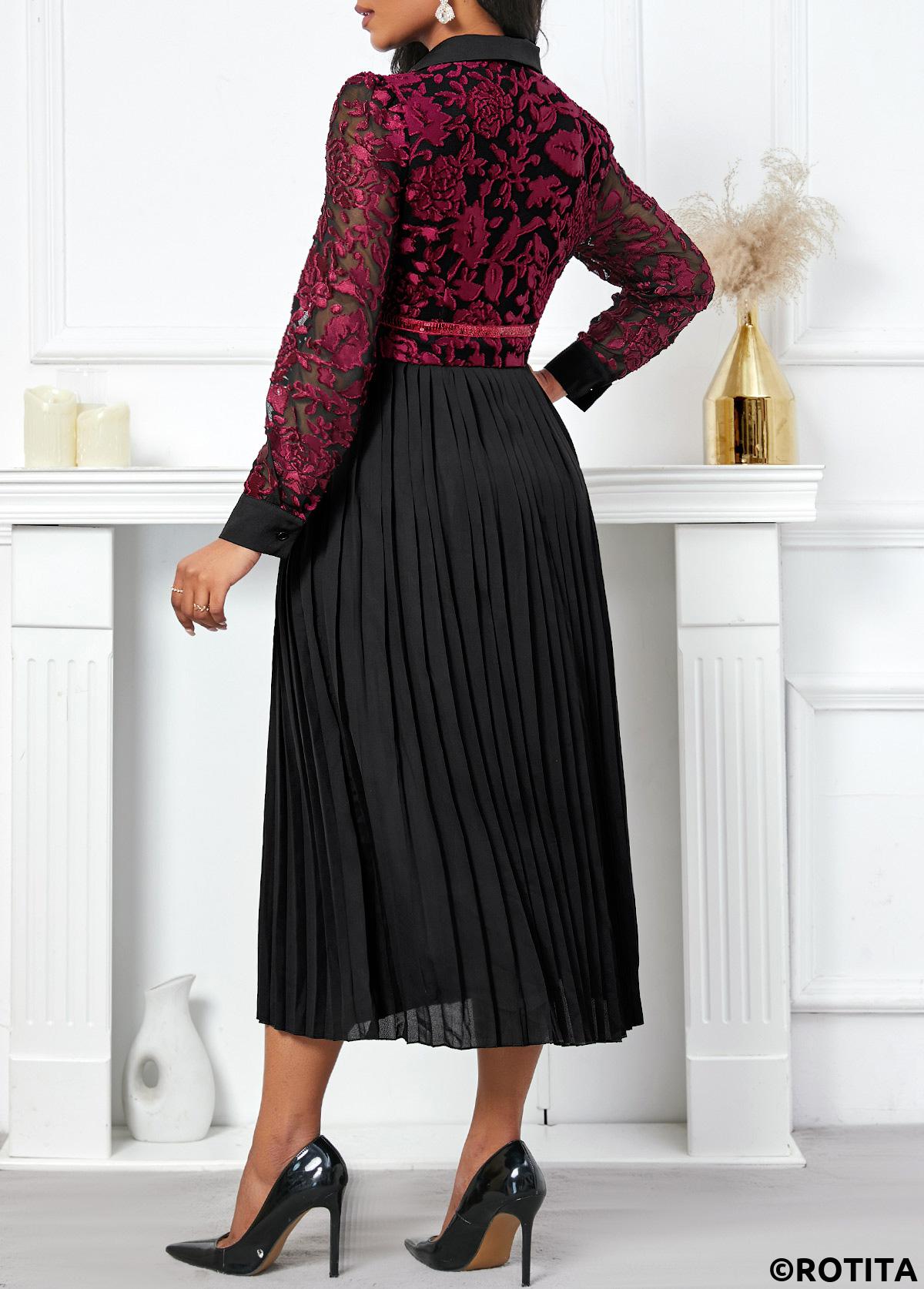 Black dresses,Contrast Color dresses,Party dresses,Elegant dresses,ROTITA Pleated Black V Neck Long Sleeve Dress
