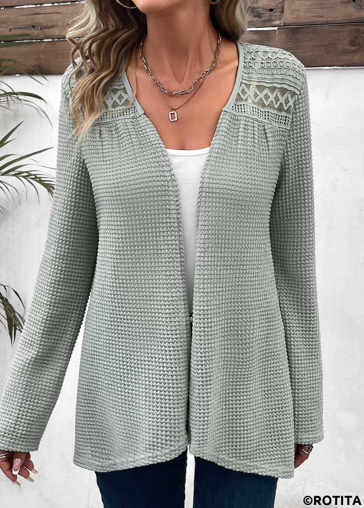 Sage Green tops,Plain Color tops,ROTITA Patchwork Sage Green Long Sleeve Light Cardigan