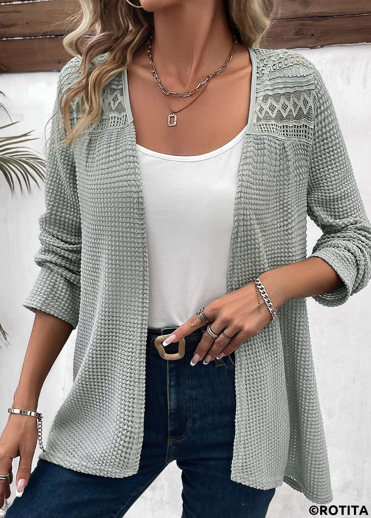 Sage Green tops,Plain Color tops,ROTITA Patchwork Sage Green Long Sleeve Light Cardigan
