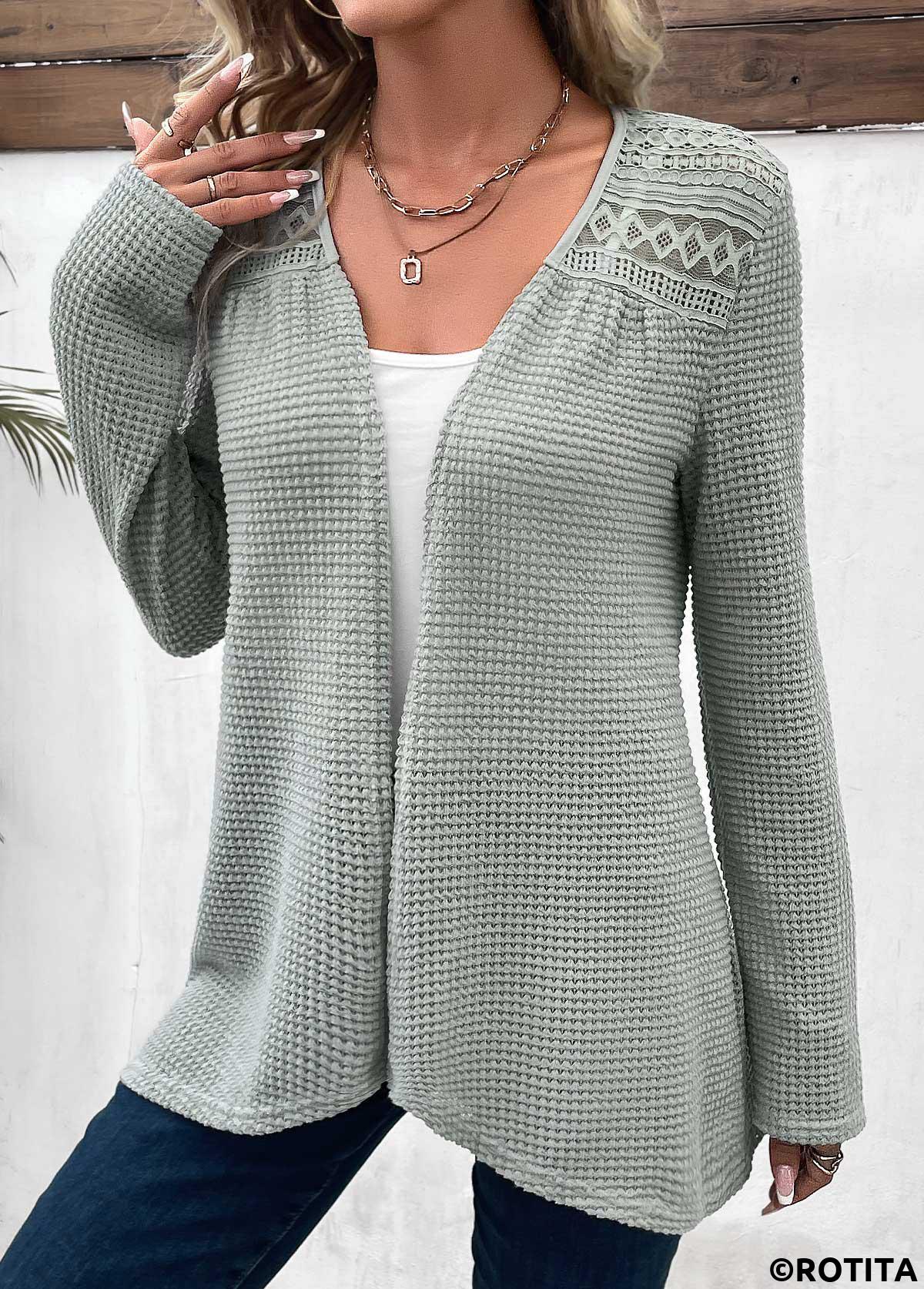 Sage Green tops,Plain Color tops,ROTITA Patchwork Sage Green Long Sleeve Light Cardigan