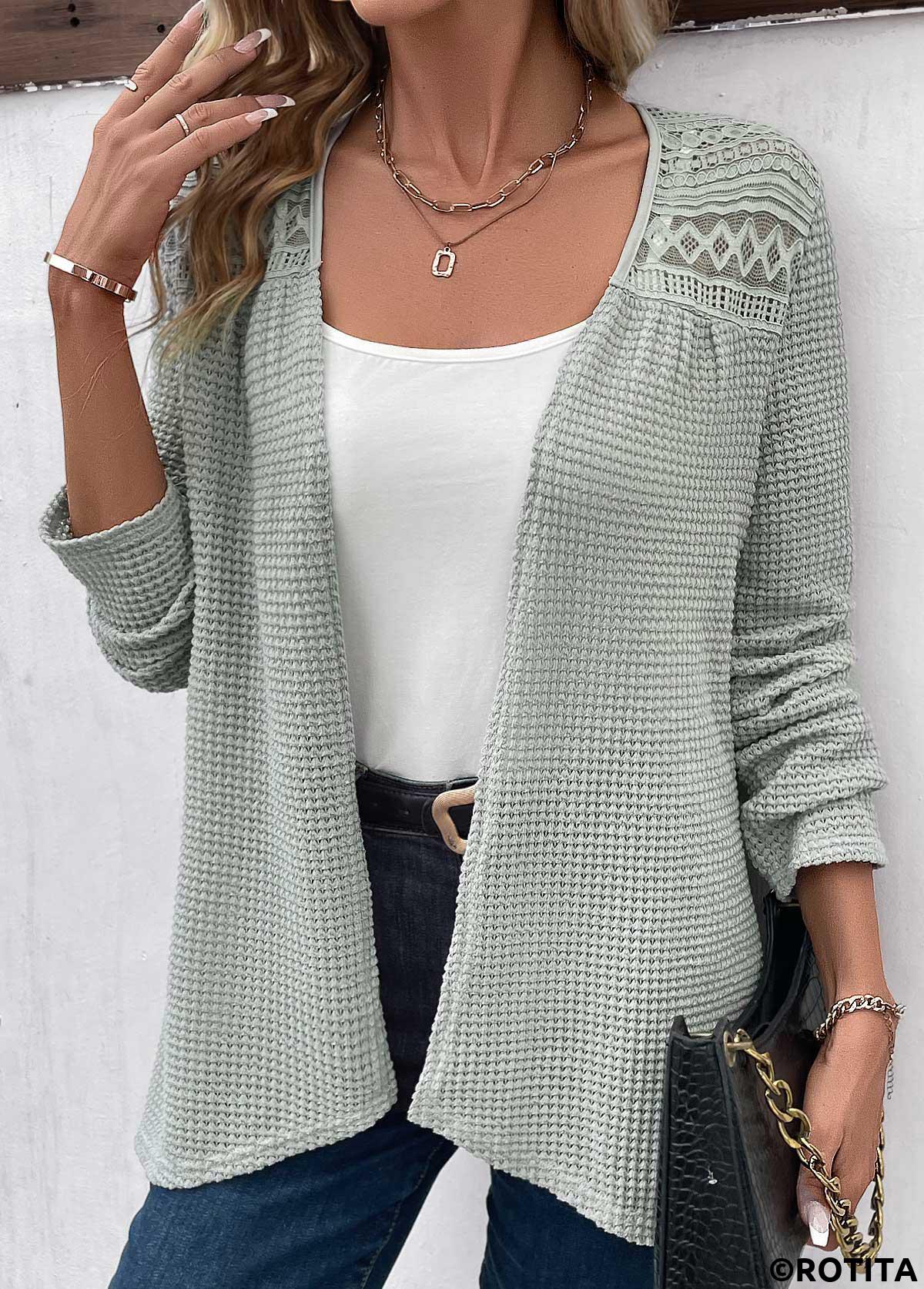 Sage Green tops,Plain Color tops,ROTITA Patchwork Sage Green Long Sleeve Light Cardigan