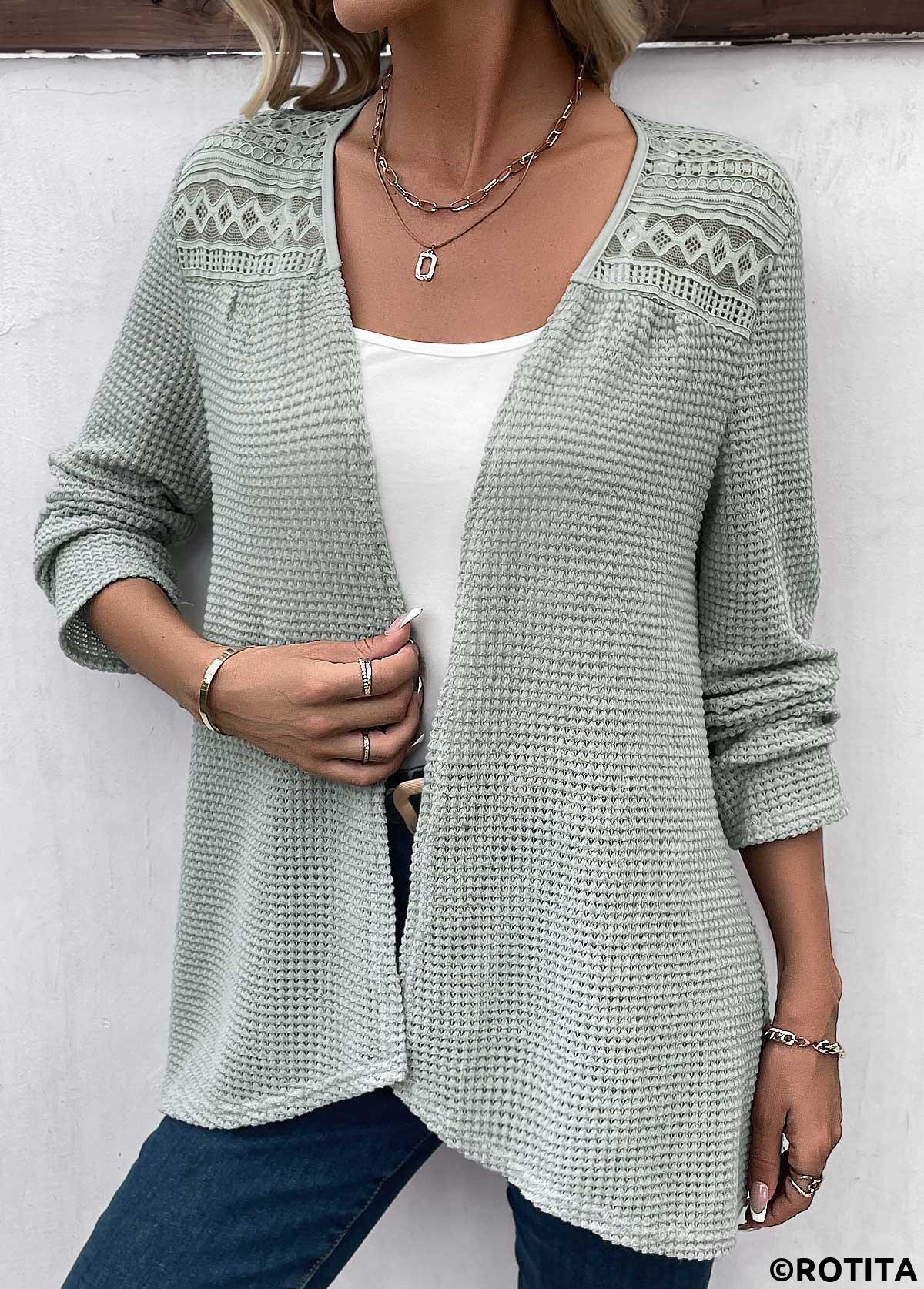 Sage Green tops,Plain Color tops,ROTITA Patchwork Sage Green Long Sleeve Light Cardigan