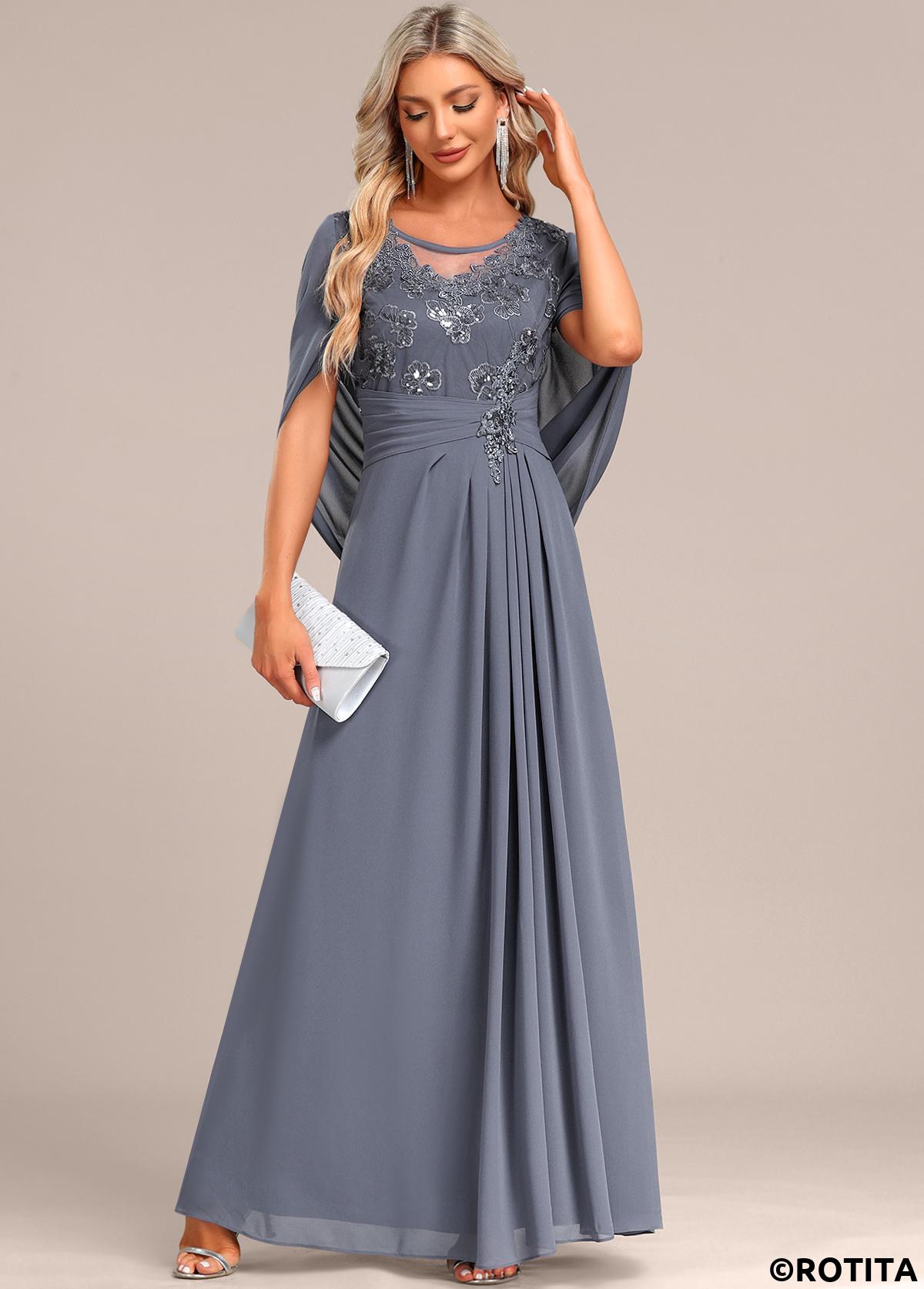 Dusty Blue dresses,Plain Color dresses,Party dresses,Elegant dresses,ROTITA Patchwork Dusty Blue Round Neck Half Sleeve Maxi Dress
