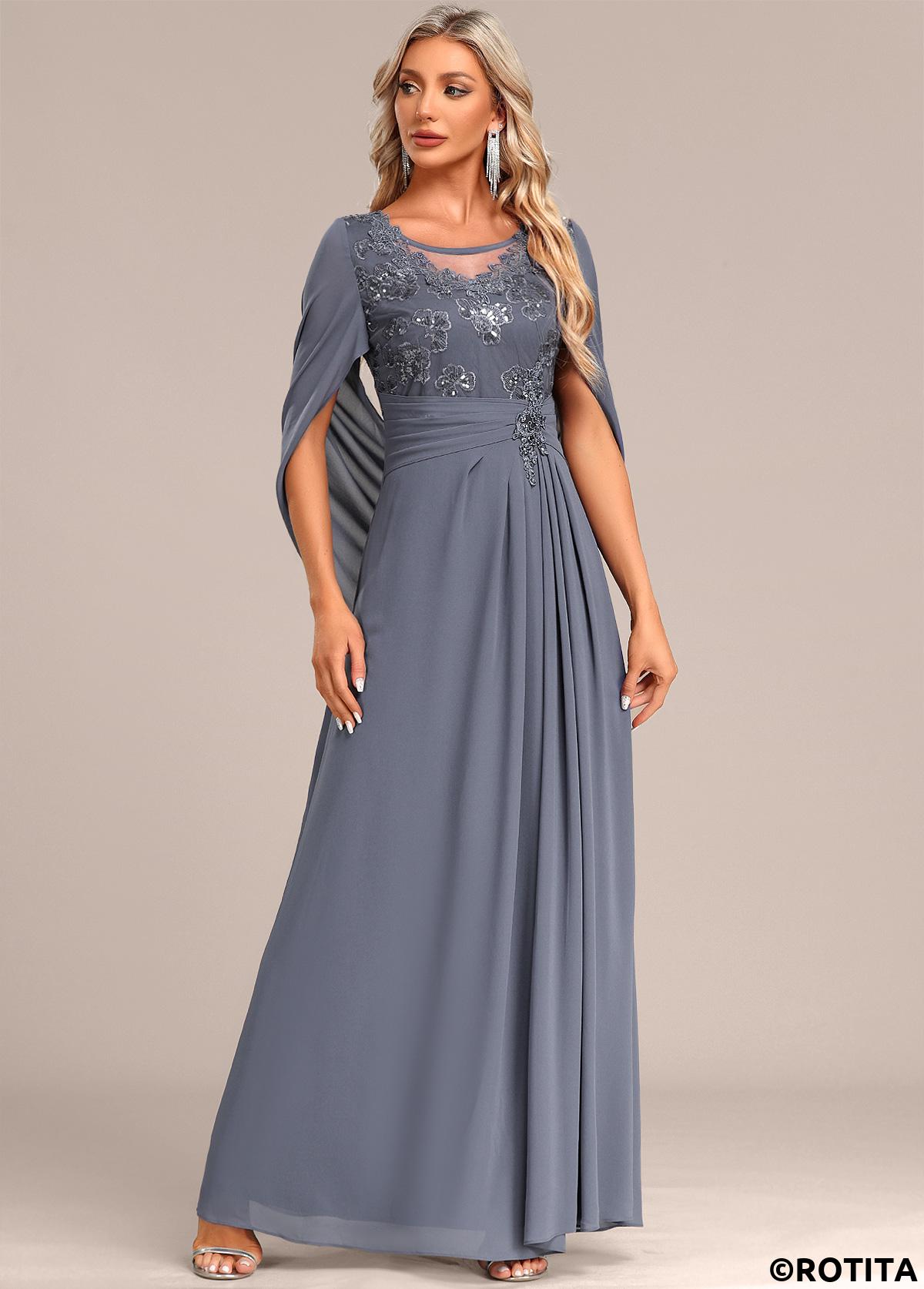 Dusty Blue dresses,Plain Color dresses,Party dresses,Elegant dresses,ROTITA Patchwork Dusty Blue Round Neck Half Sleeve Maxi Dress