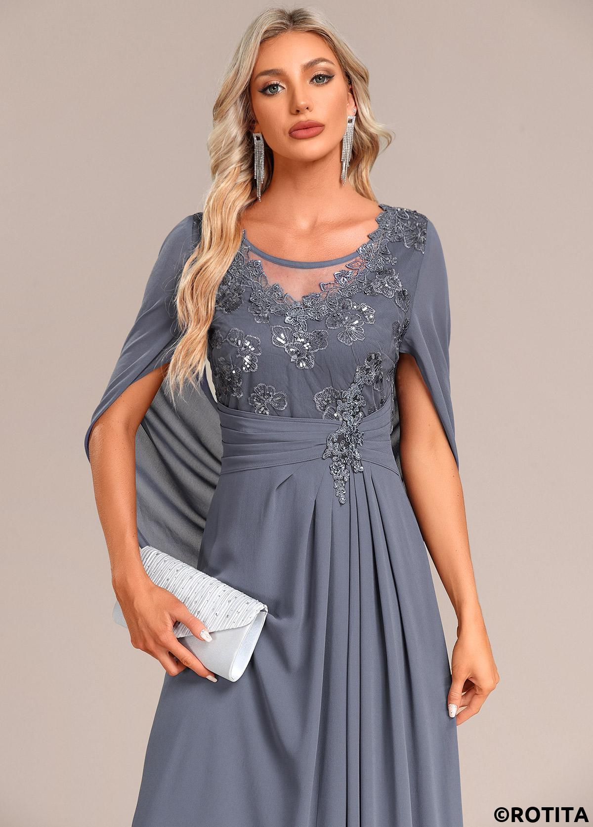 Dusty Blue dresses,Plain Color dresses,Party dresses,Elegant dresses,ROTITA Patchwork Dusty Blue Round Neck Half Sleeve Maxi Dress