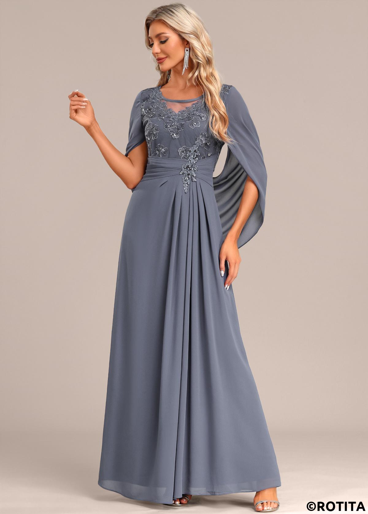 Dusty Blue dresses,Plain Color dresses,Party dresses,Elegant dresses,ROTITA Patchwork Dusty Blue Round Neck Half Sleeve Maxi Dress