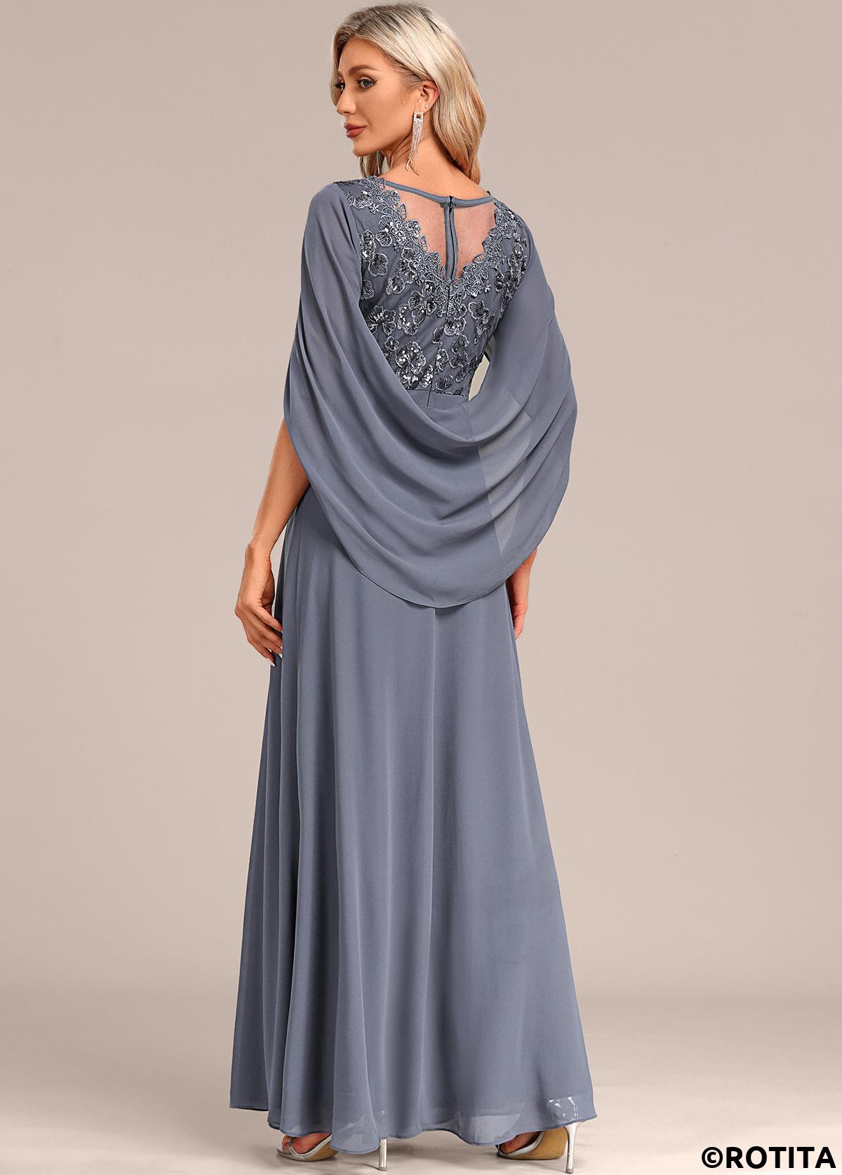 Dusty Blue dresses,Plain Color dresses,Party dresses,Elegant dresses,ROTITA Patchwork Dusty Blue Round Neck Half Sleeve Maxi Dress