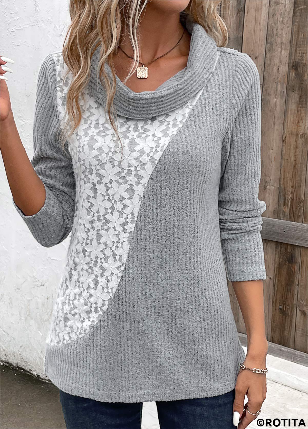 Light Grey tops,Contrast Color tops,ROTITA Patchwork Light Grey Cowl Neck Long Sleeve Sweatshirt
