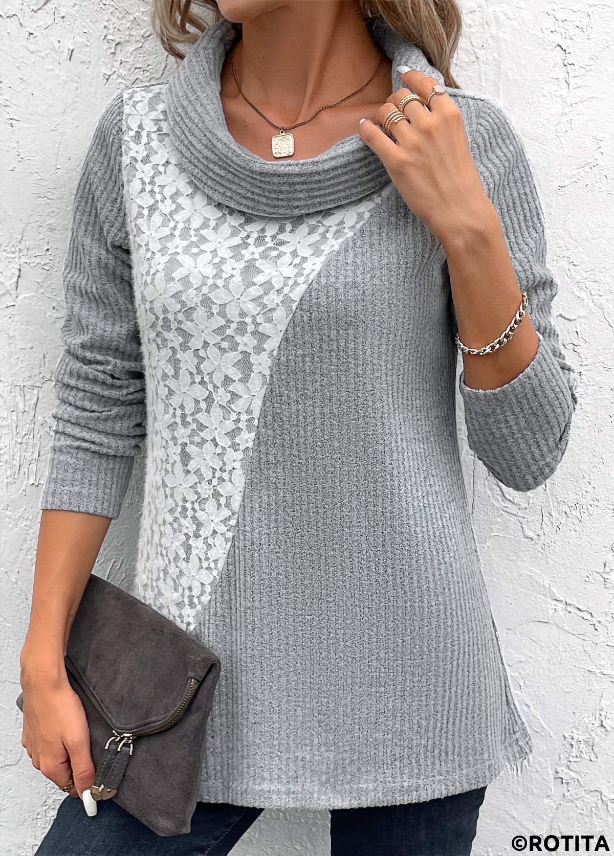 Light Grey tops,Contrast Color tops,ROTITA Patchwork Light Grey Cowl Neck Long Sleeve Sweatshirt