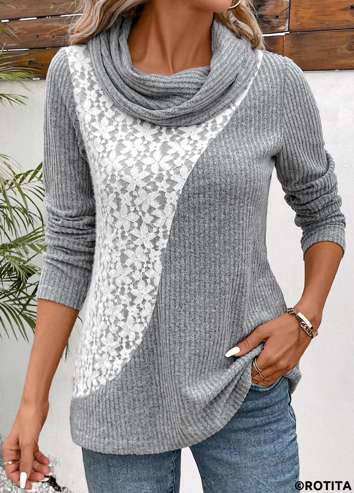Light Grey tops,Contrast Color tops,ROTITA Patchwork Light Grey Cowl Neck Long Sleeve Sweatshirt