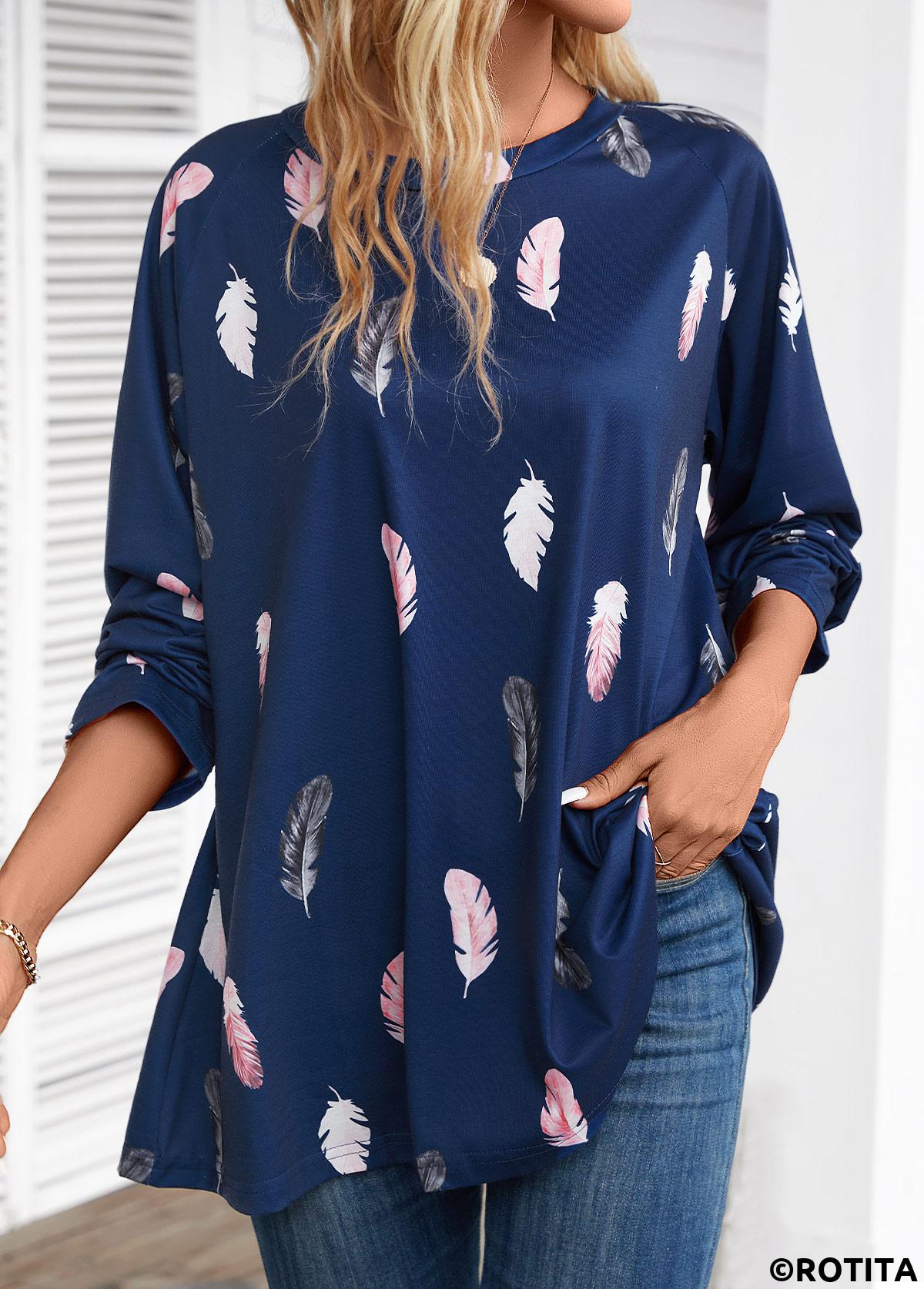 ROTITA Feathers Print Navy Round Neck Extra Long Sleeve Blouse