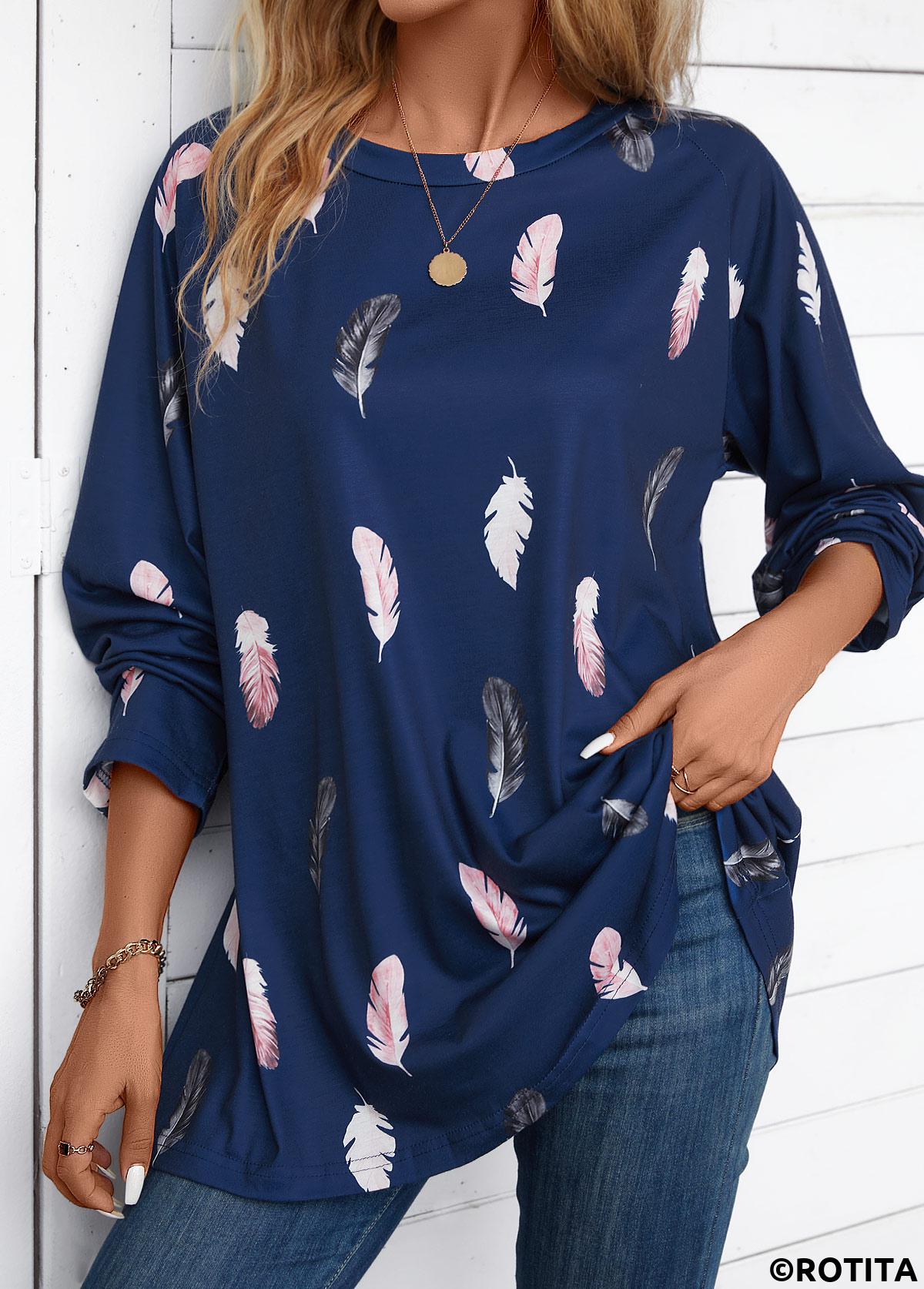 ROTITA Feathers Print Navy Round Neck Extra Long Sleeve Blouse