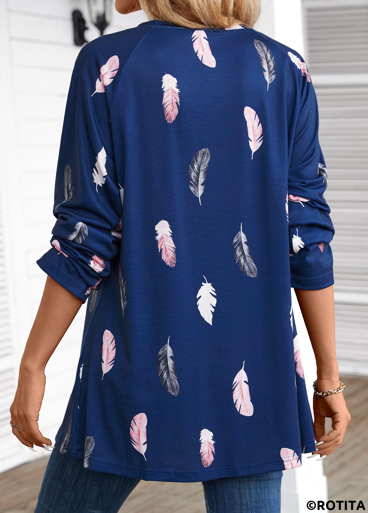 ROTITA Feathers Print Navy Round Neck Extra Long Sleeve Blouse