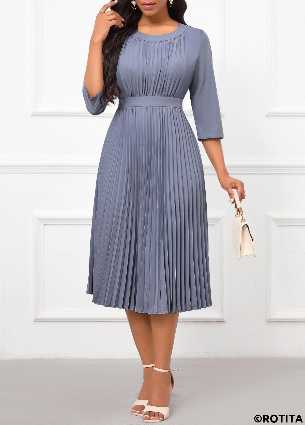 Dusty Blue dresses,Plain Color dresses,Party dresses,Elegant dresses,ROTITA Pleated Dusty Blue Round Neck Dress