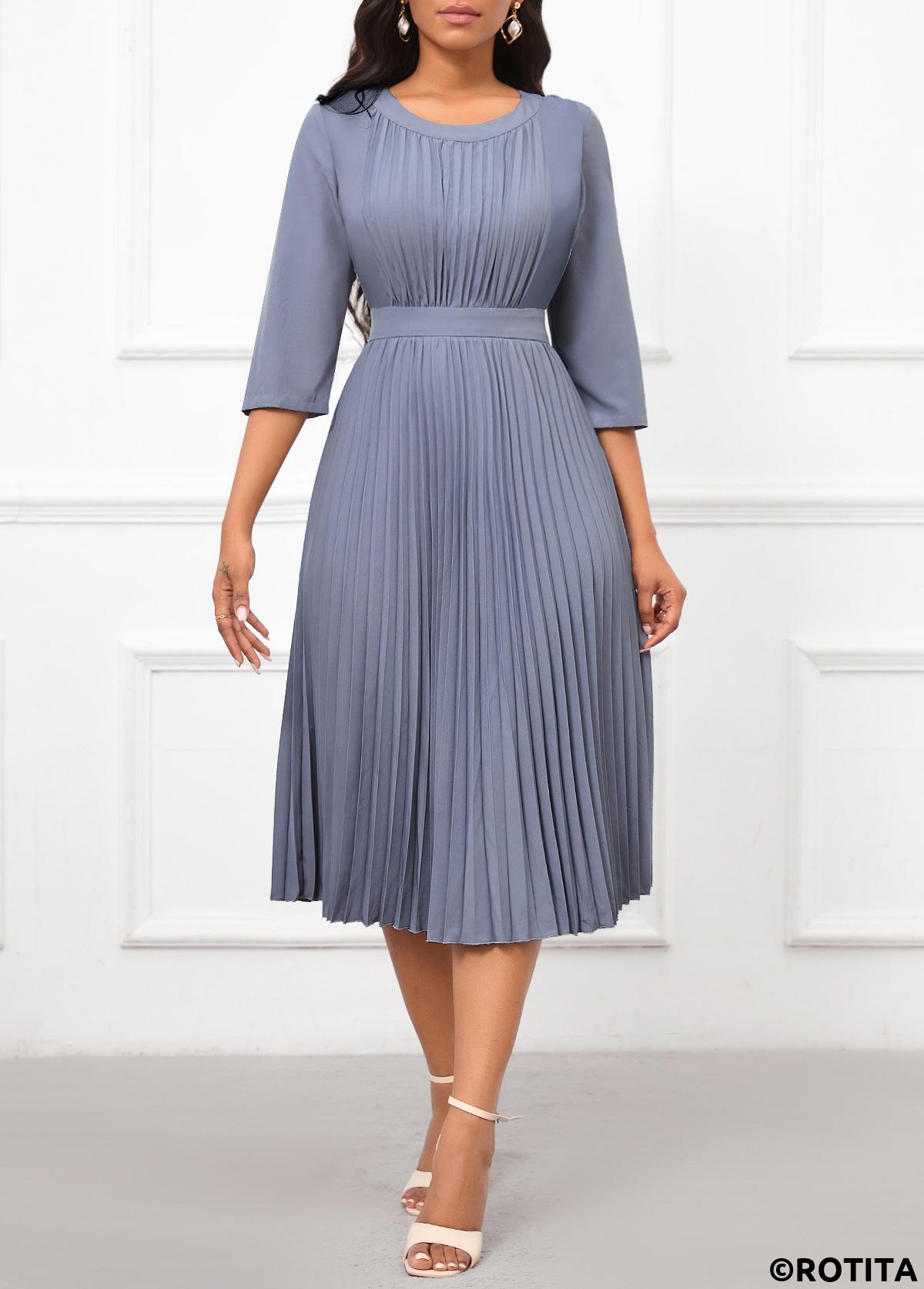 Dusty Blue dresses,Plain Color dresses,Party dresses,Elegant dresses,ROTITA Pleated Dusty Blue Round Neck Dress