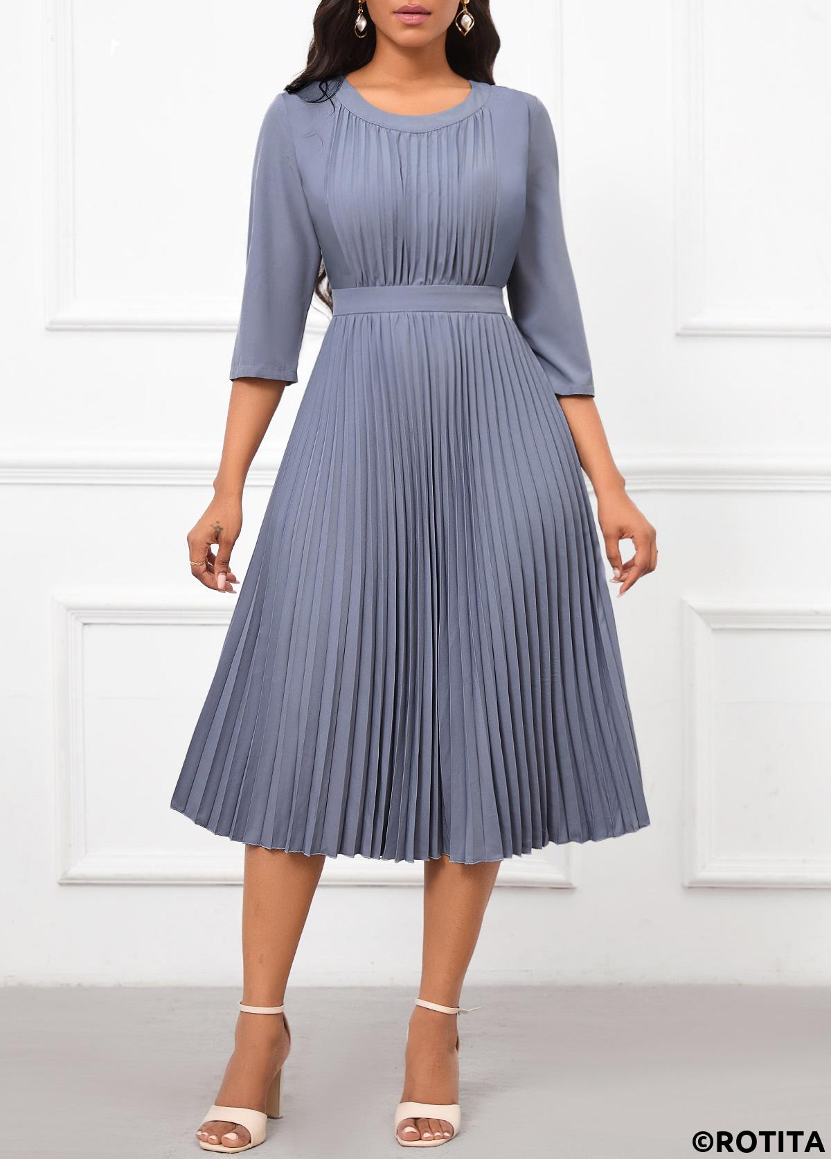 Dusty Blue dresses,Plain Color dresses,Party dresses,Elegant dresses,ROTITA Pleated Dusty Blue Round Neck Dress