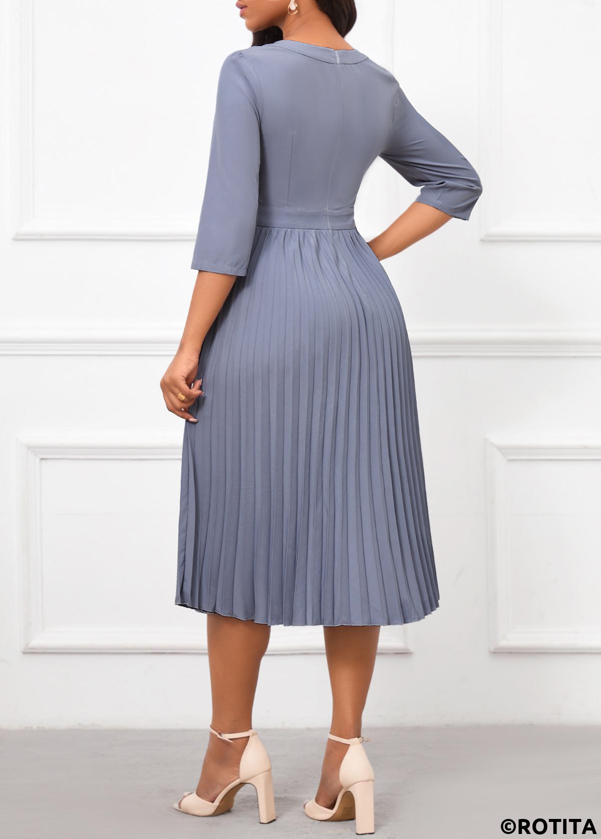 Dusty Blue dresses,Plain Color dresses,Party dresses,Elegant dresses,ROTITA Pleated Dusty Blue Round Neck Dress