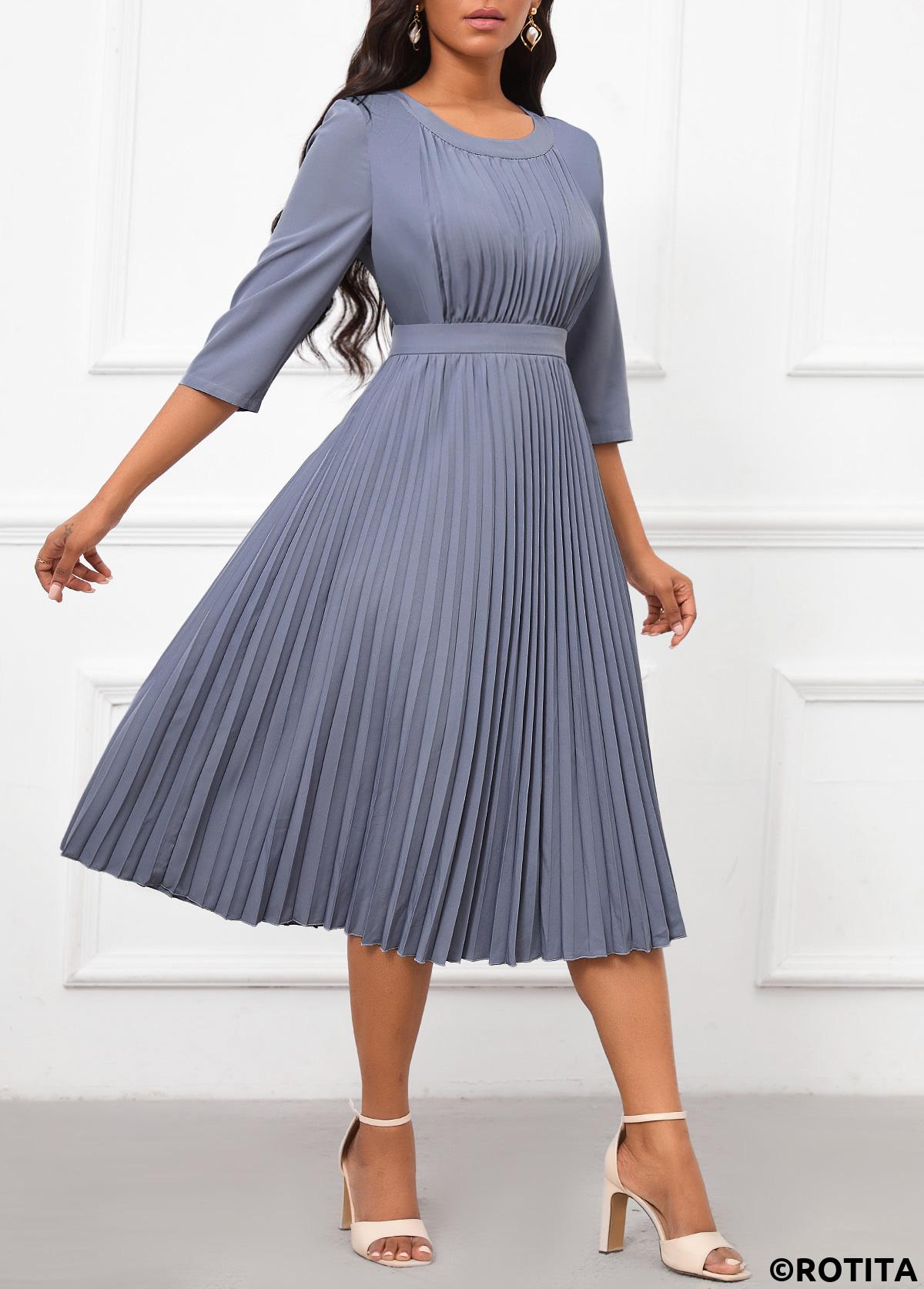Dusty Blue dresses,Plain Color dresses,Party dresses,Elegant dresses,ROTITA Pleated Dusty Blue Round Neck Dress