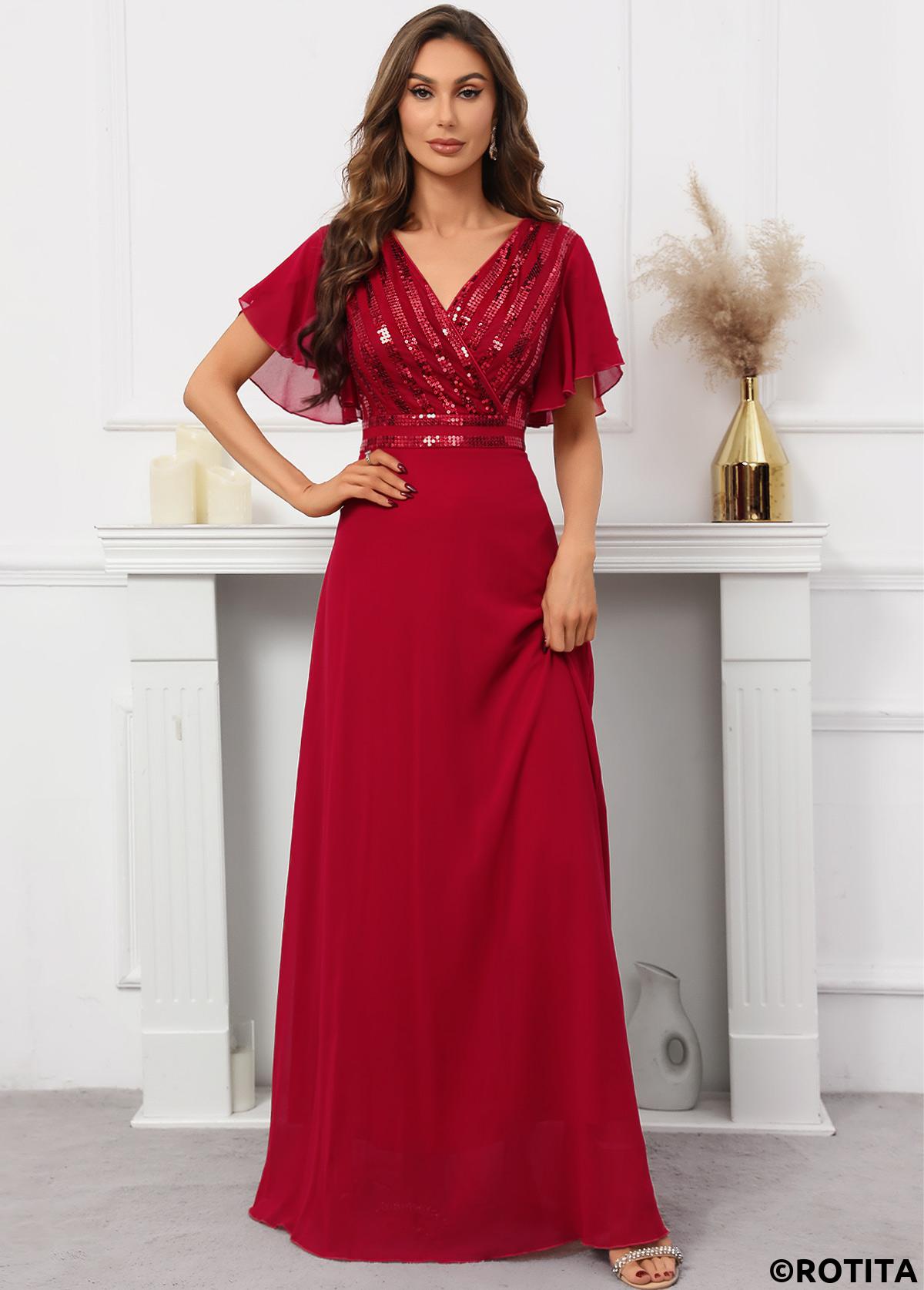 Red dresses,Plain Color dresses,Party dresses,Elegant dresses,ROTITA Sequin Red V Neck Short Sleeve Dress