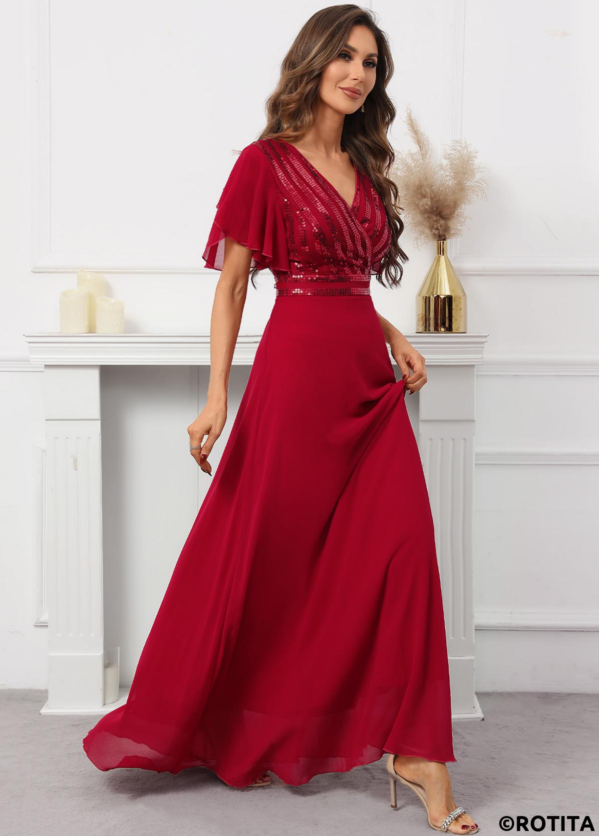 Red dresses,Plain Color dresses,Party dresses,Elegant dresses,ROTITA Sequin Red V Neck Short Sleeve Dress