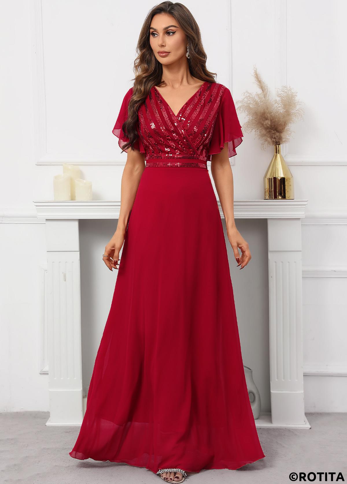 Red dresses,Plain Color dresses,Party dresses,Elegant dresses,ROTITA Sequin Red V Neck Short Sleeve Dress