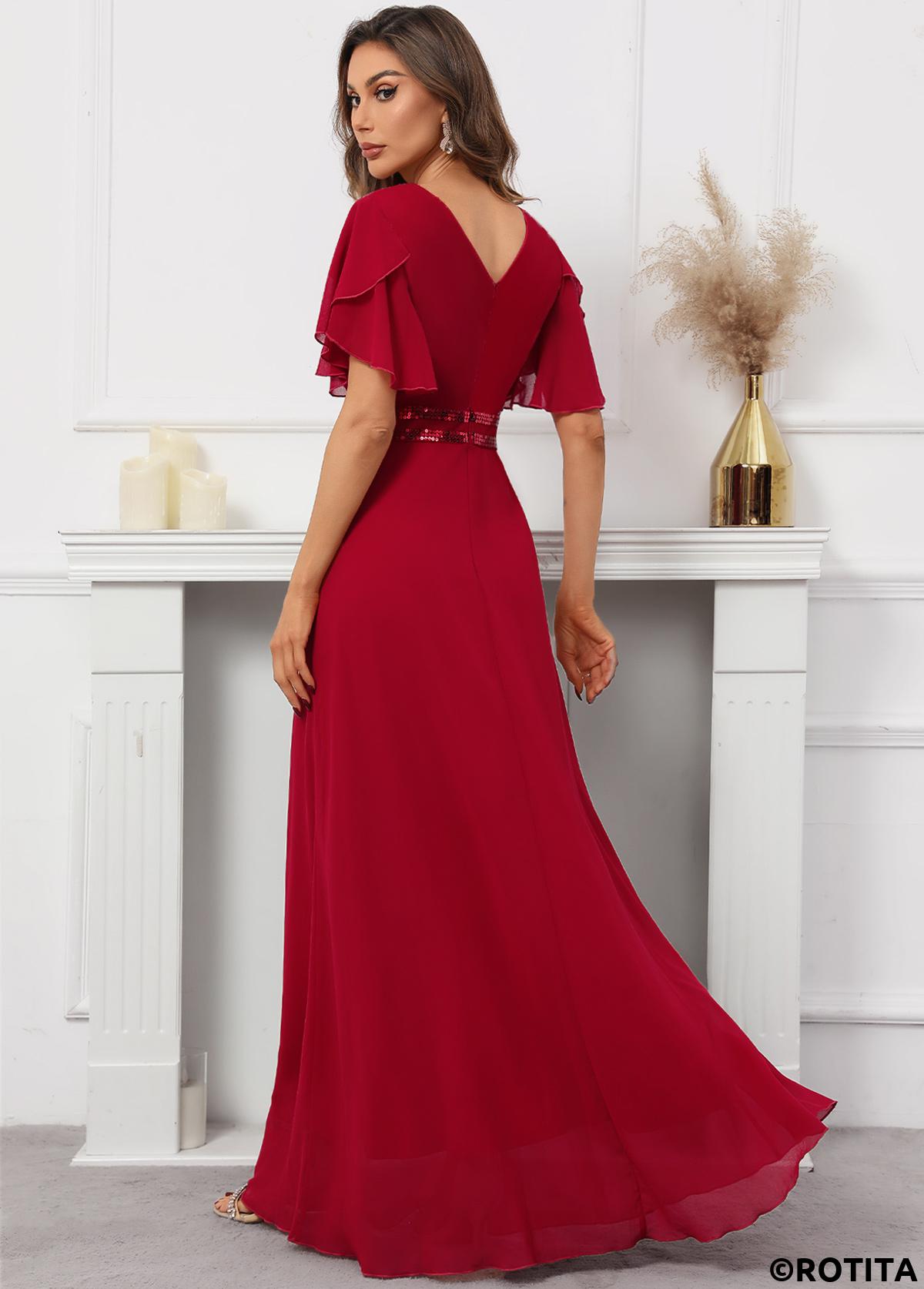 Red dresses,Plain Color dresses,Party dresses,Elegant dresses,ROTITA Sequin Red V Neck Short Sleeve Dress