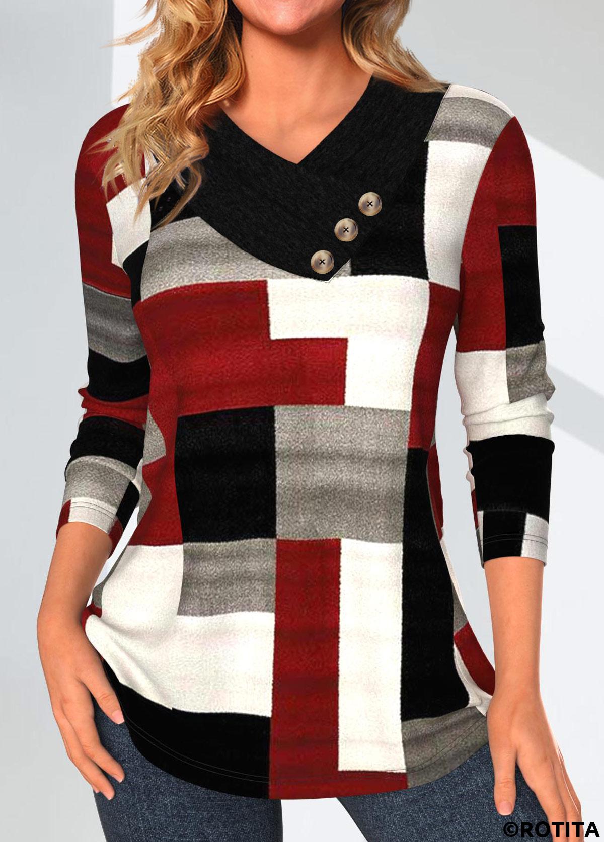 Wine Red tops,Geometric tops,ROTITA Patchwork Geometric Print Wine Red Asymmetrical Neck Sweatshirt