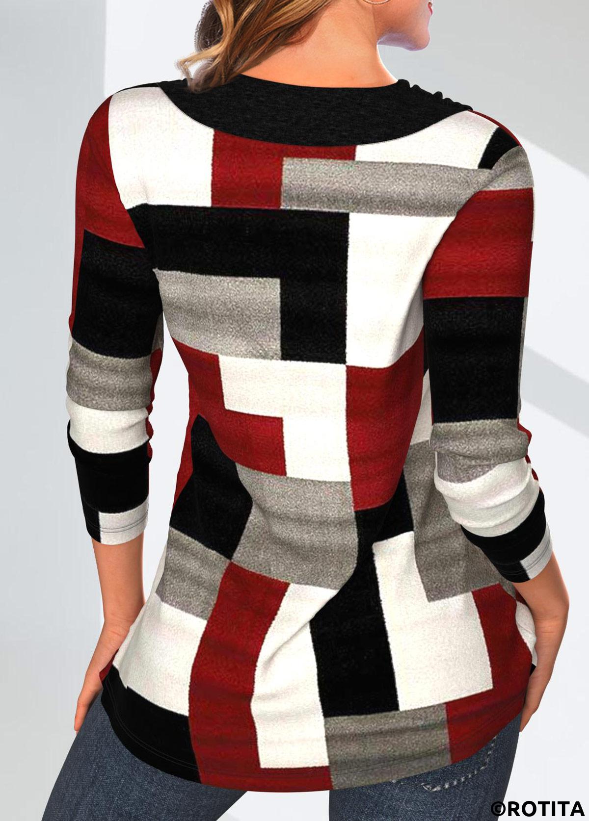 Wine Red tops,Geometric tops,ROTITA Patchwork Geometric Print Wine Red Asymmetrical Neck Sweatshirt