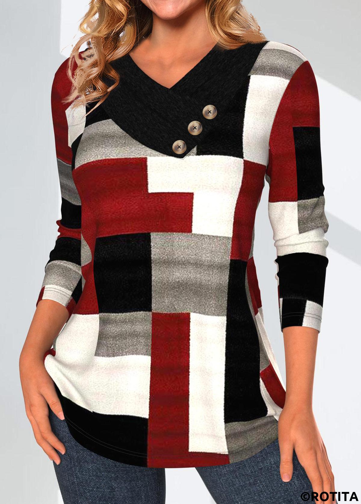 Wine Red tops,Geometric tops,ROTITA Patchwork Geometric Print Wine Red Asymmetrical Neck Sweatshirt