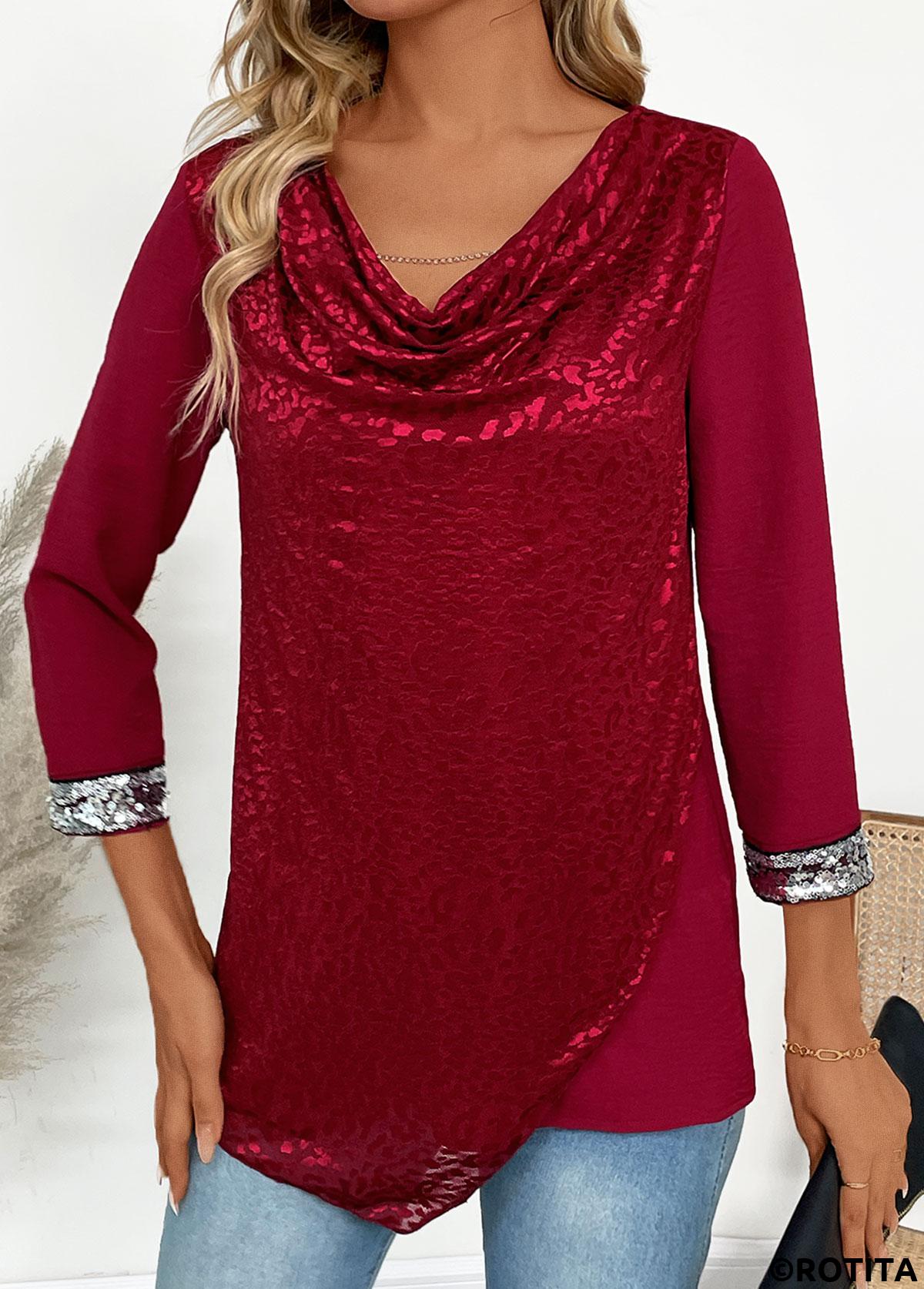 Wine Red tops,Plain Color tops,ROTITA Asymmetry Wine Red Draped Neck T Shirt