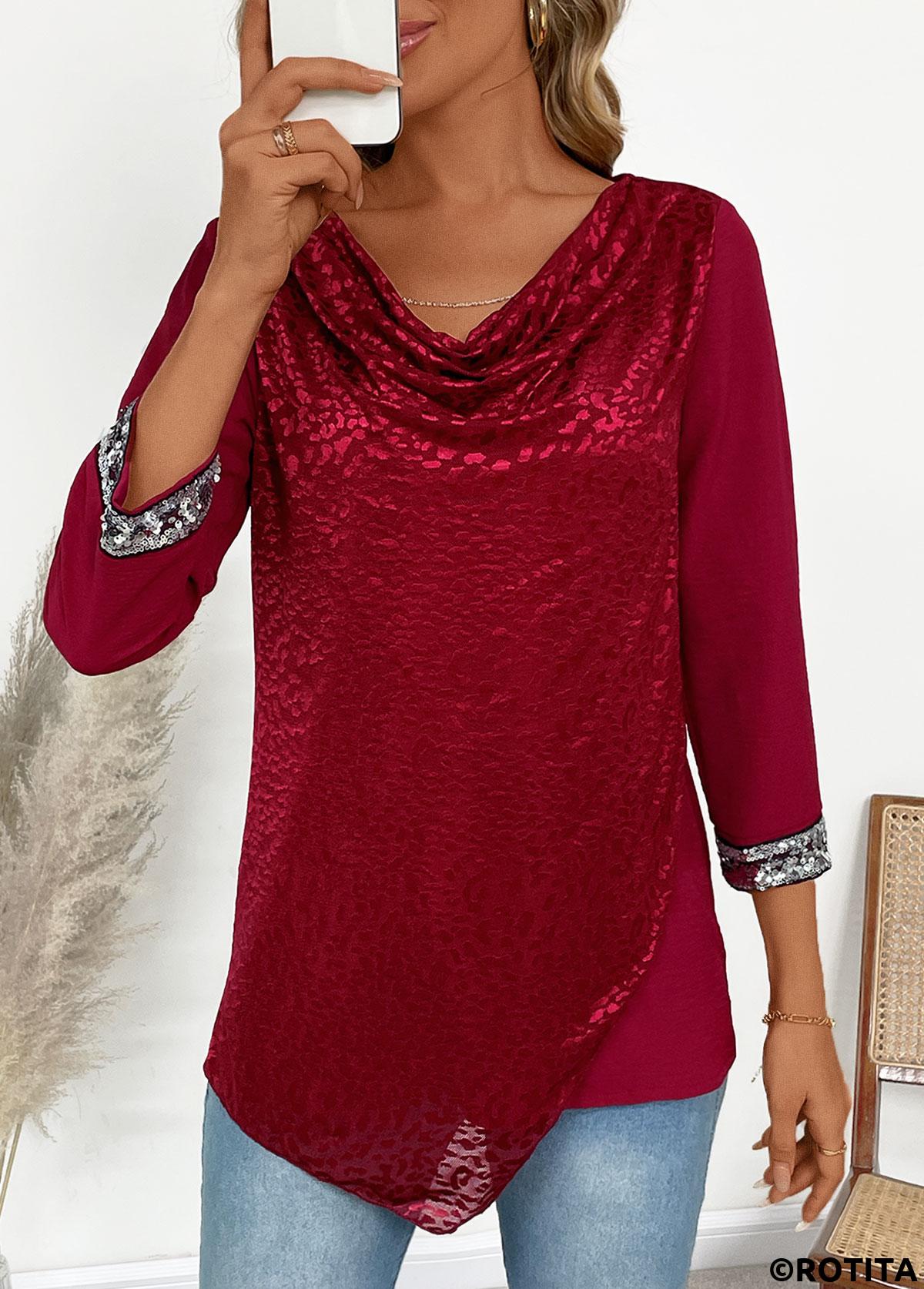 Wine Red tops,Plain Color tops,ROTITA Asymmetry Wine Red Draped Neck T Shirt
