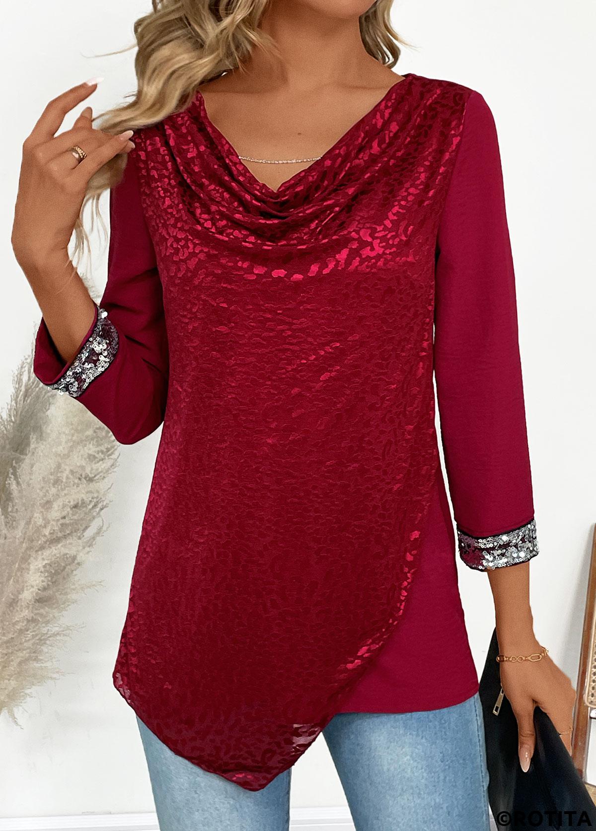 Wine Red tops,Plain Color tops,ROTITA Asymmetry Wine Red Draped Neck T Shirt