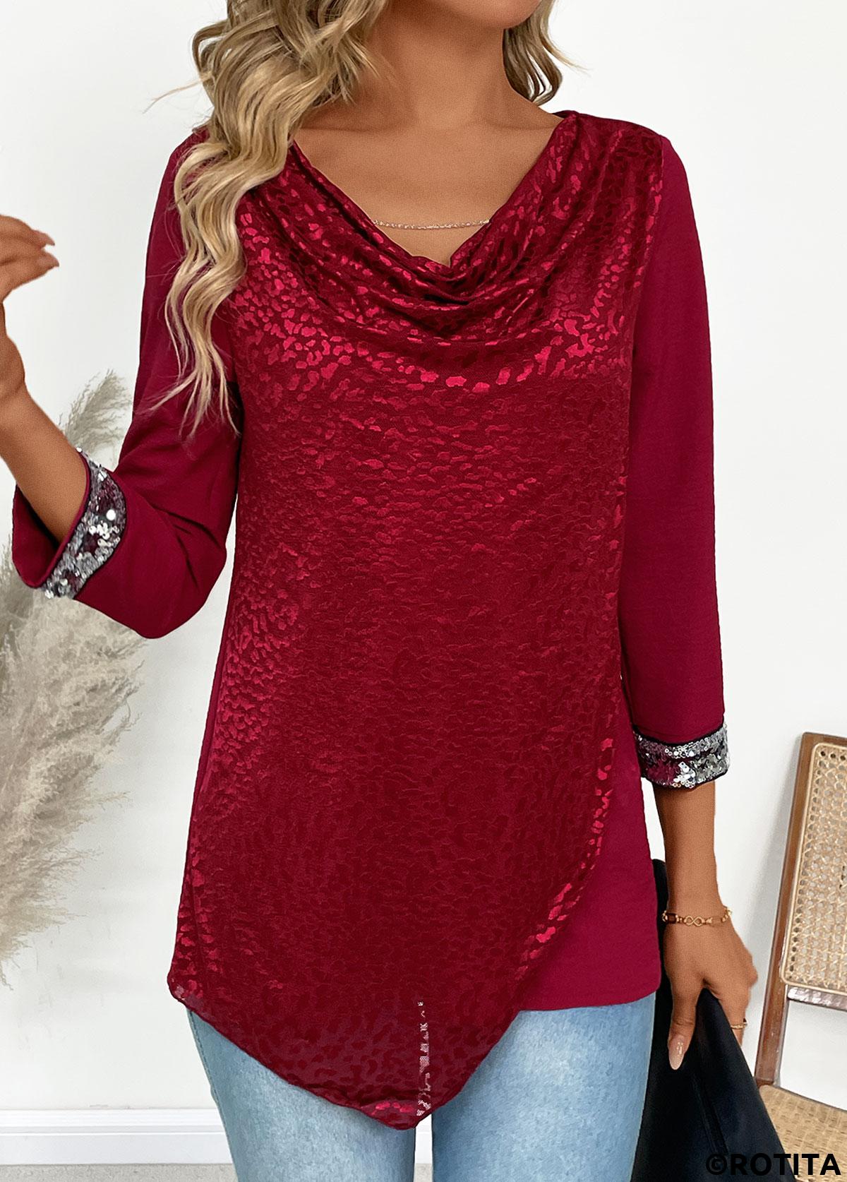 Wine Red tops,Plain Color tops,ROTITA Asymmetry Wine Red Draped Neck T Shirt