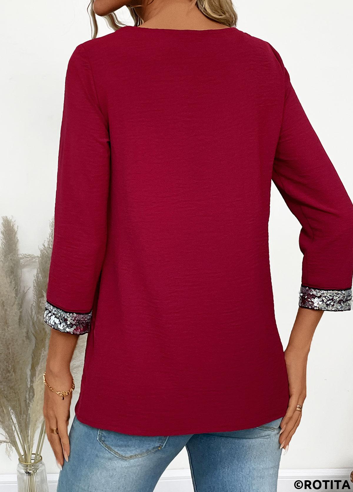 Wine Red tops,Plain Color tops,ROTITA Asymmetry Wine Red Draped Neck T Shirt