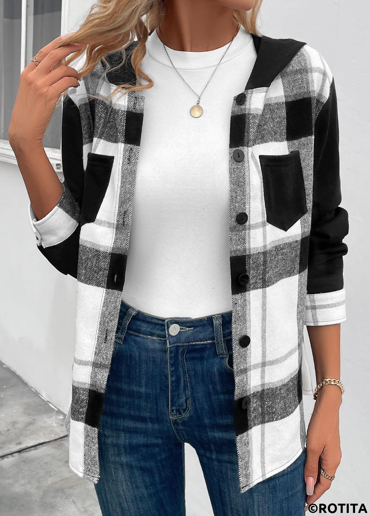 Black tops,White tops,Plaid tops,Striped tops,Geometric tops,ROTITA Patchwork Plaid Black Hooded Long Sleeve Coat