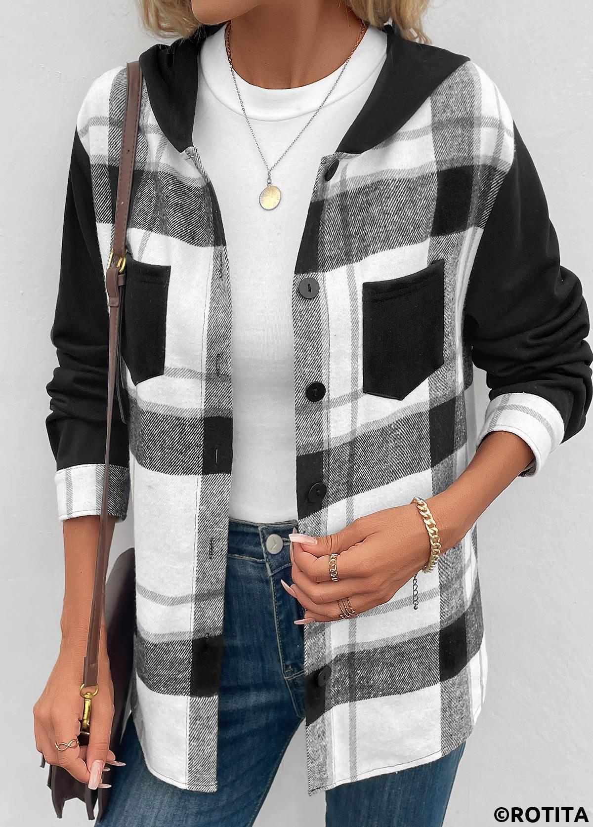 Black tops,White tops,Plaid tops,Striped tops,Geometric tops,ROTITA Patchwork Plaid Black Hooded Long Sleeve Coat